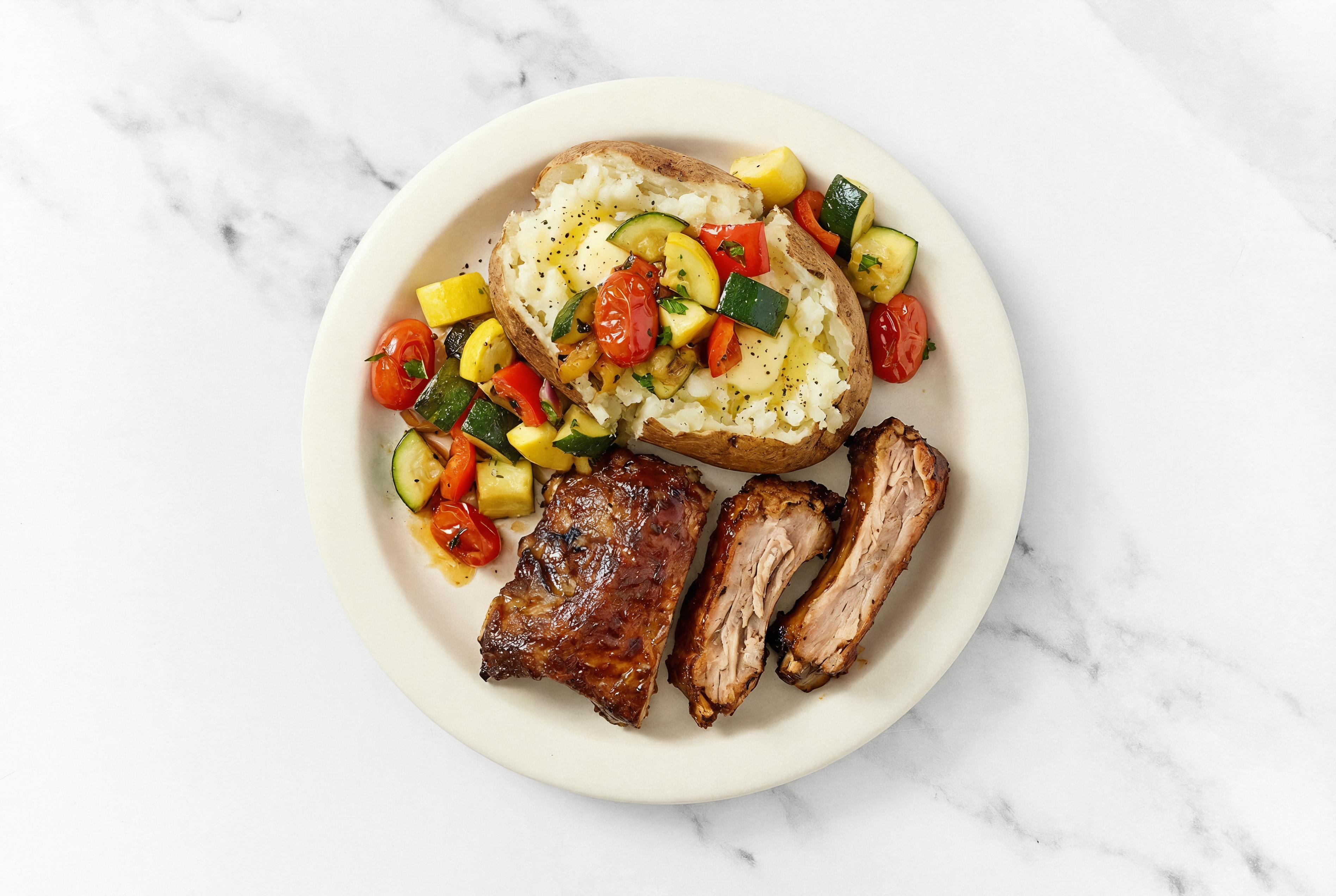 Juicy Baby Back Ribs + Veggie Stuffed Potato