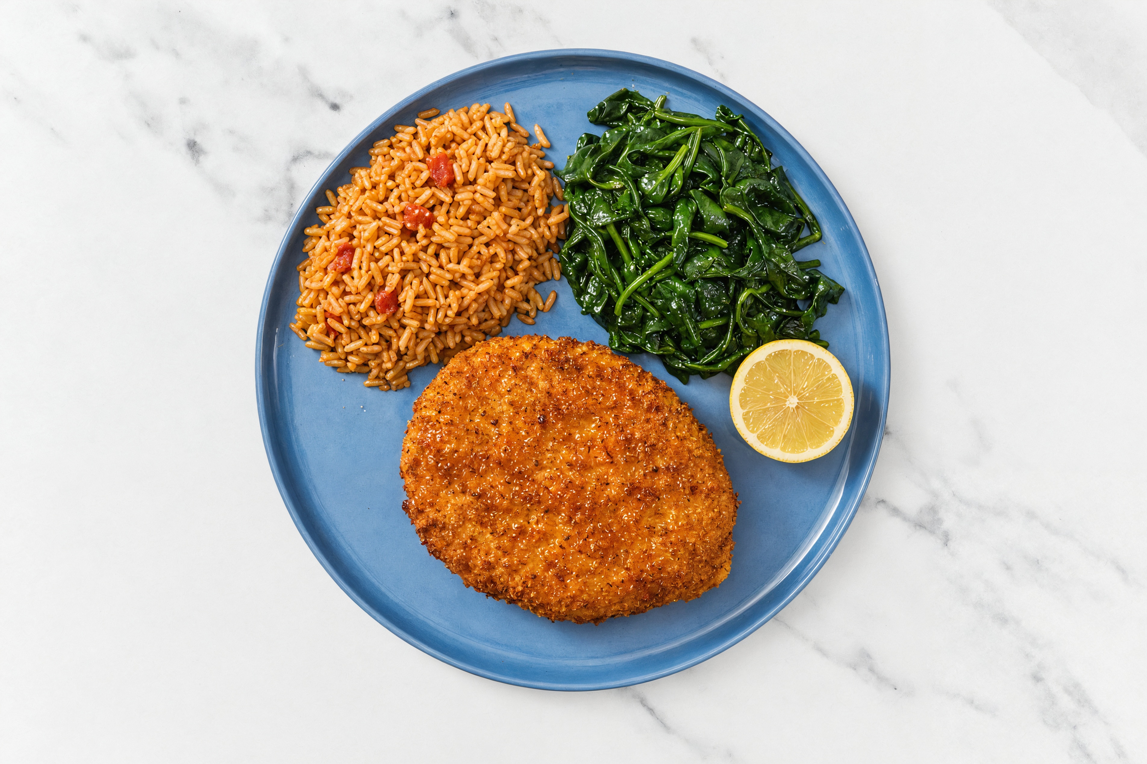 Lemon Hot Honey Breaded Chicken Cutlet with Baby Spinach & Mexican Rice