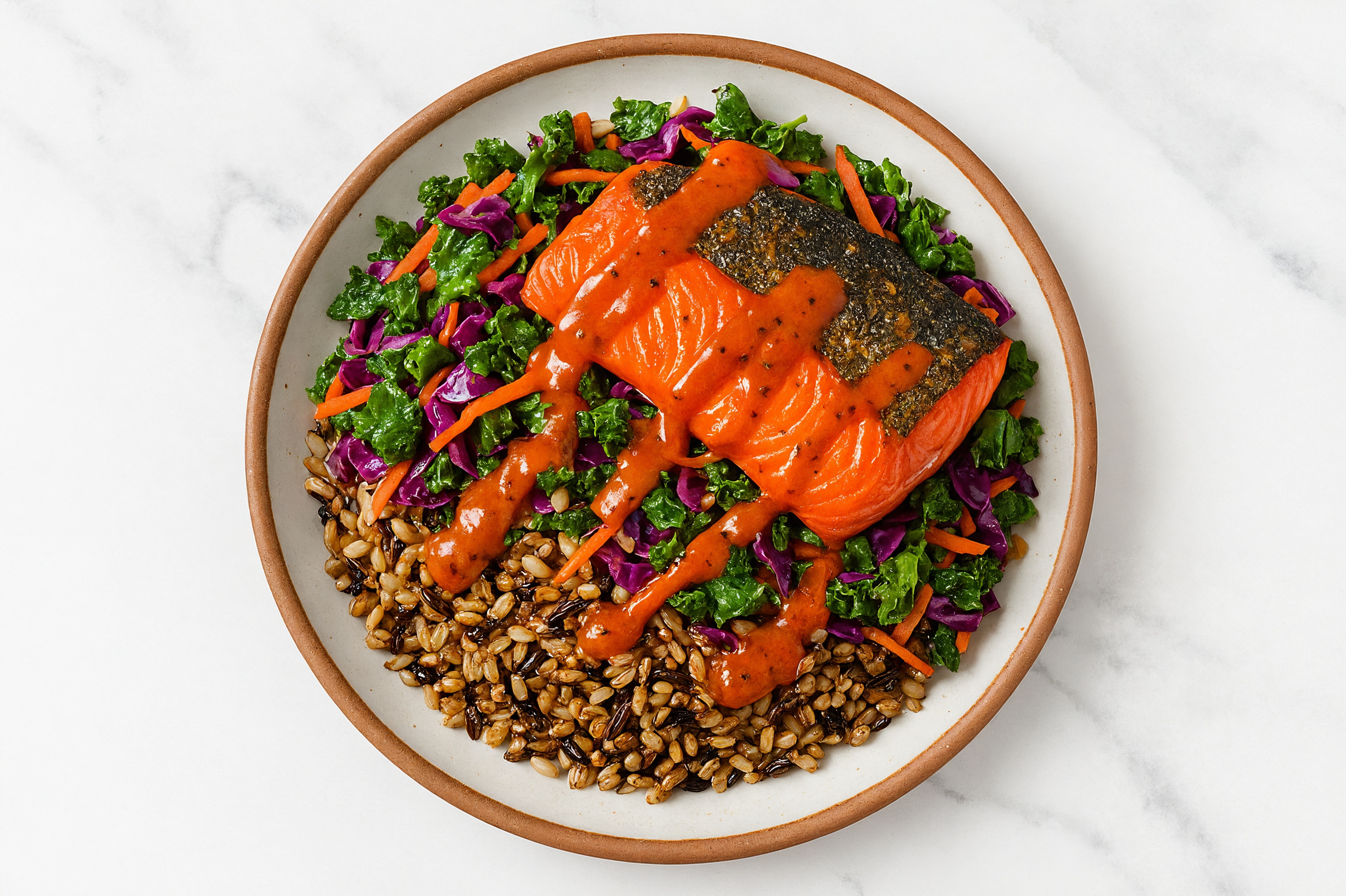 Sockeye Salmon & Rainbow Veggie Grain Bowl with Smoky Sweet Hickory