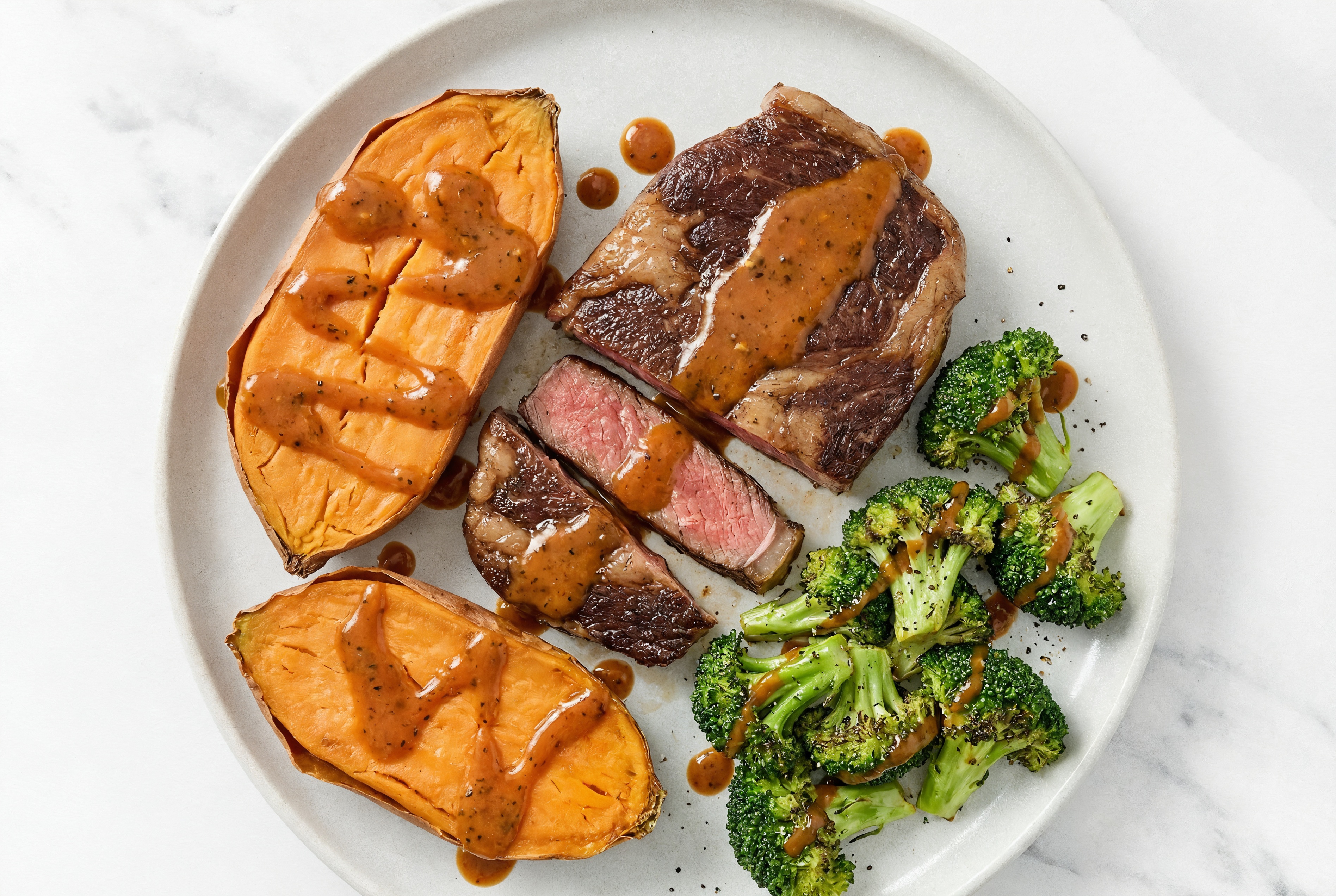 Sweet Hickory Steak + Sweet Potato with Broccoli Florets