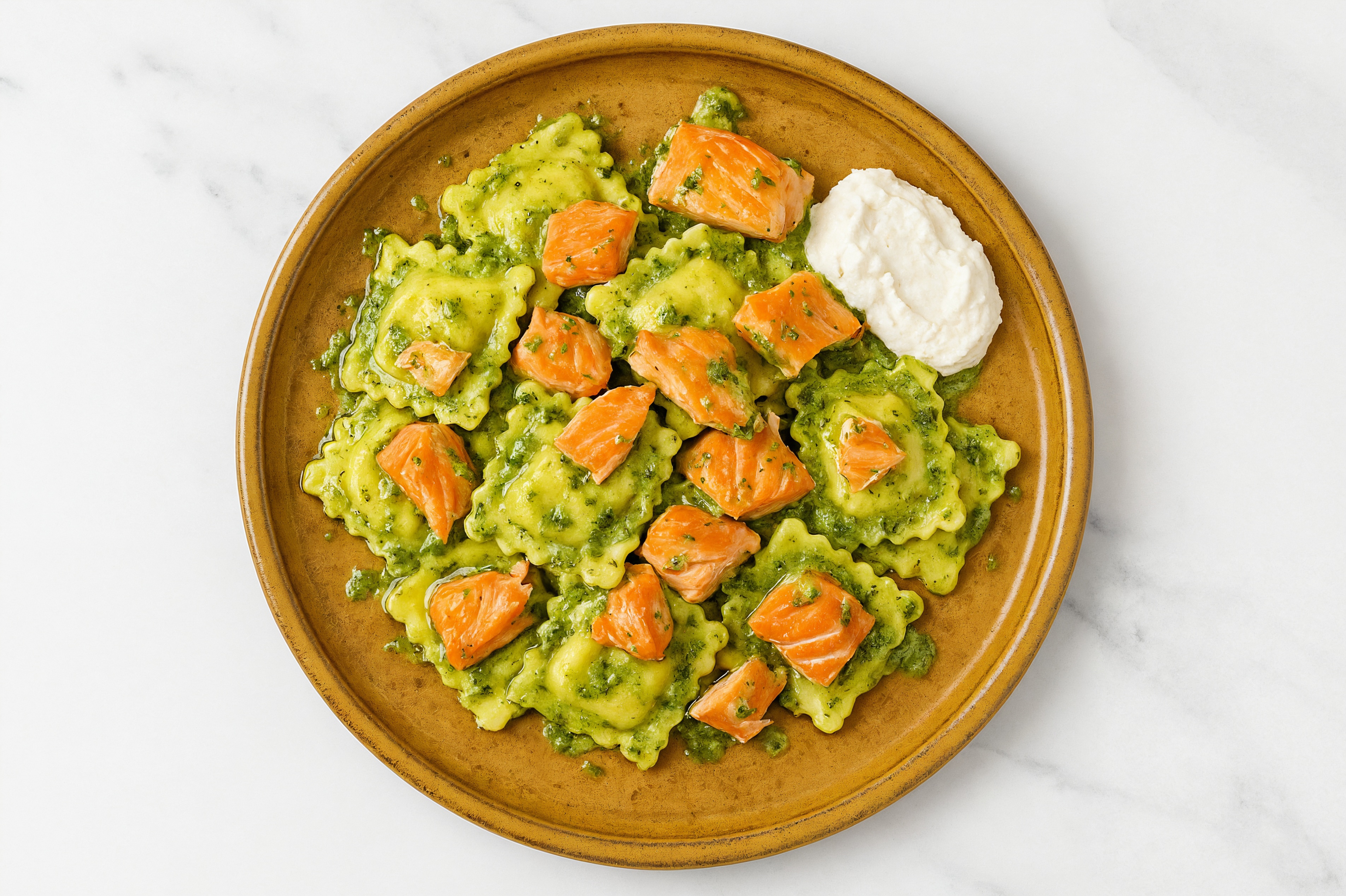 Pesto Mini Ravioli with Smoked Salmon & "Ricotta"