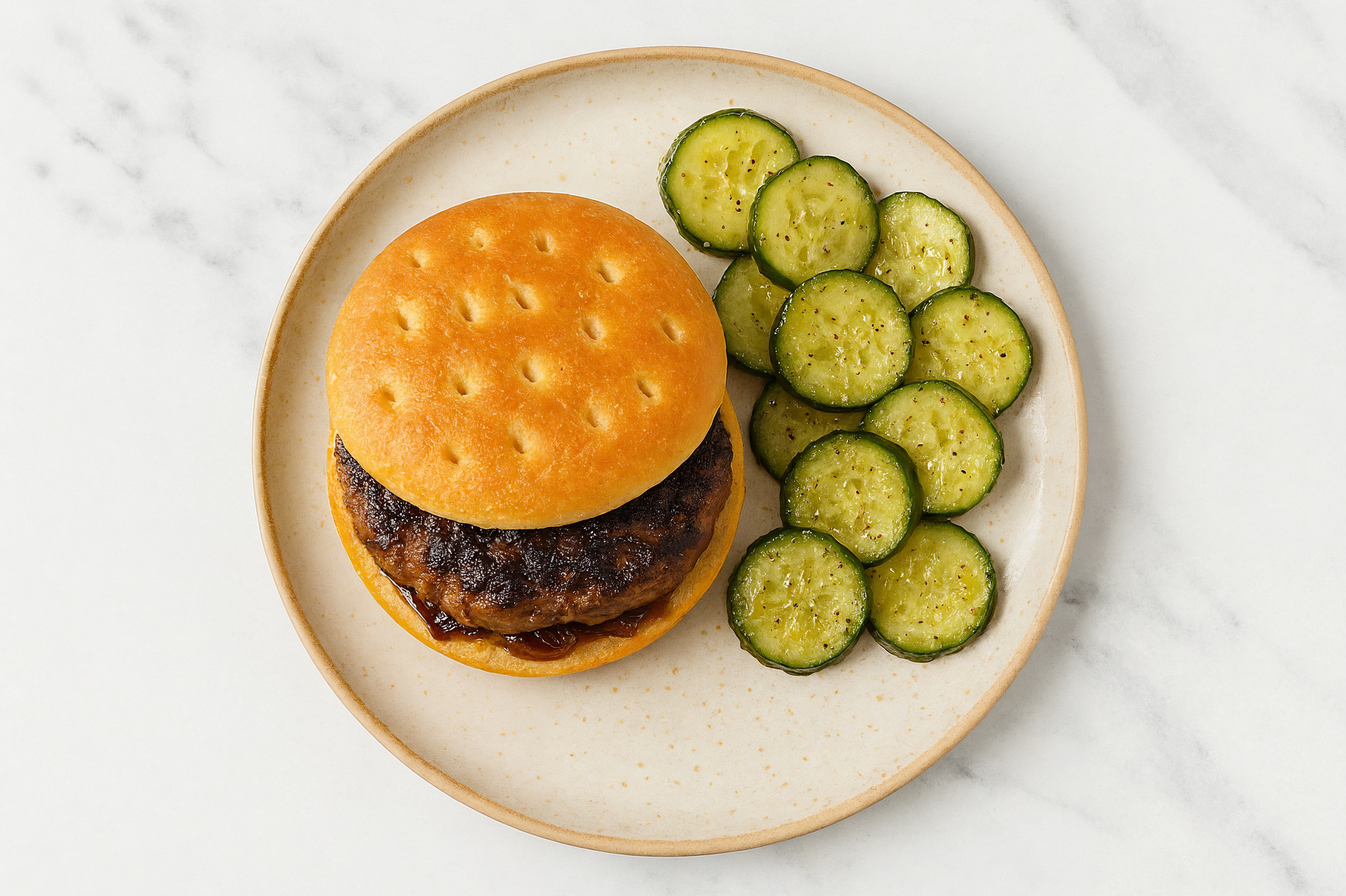 Balsamic Onion Burger + Cucumber Salad with Wagyu Beef Patties