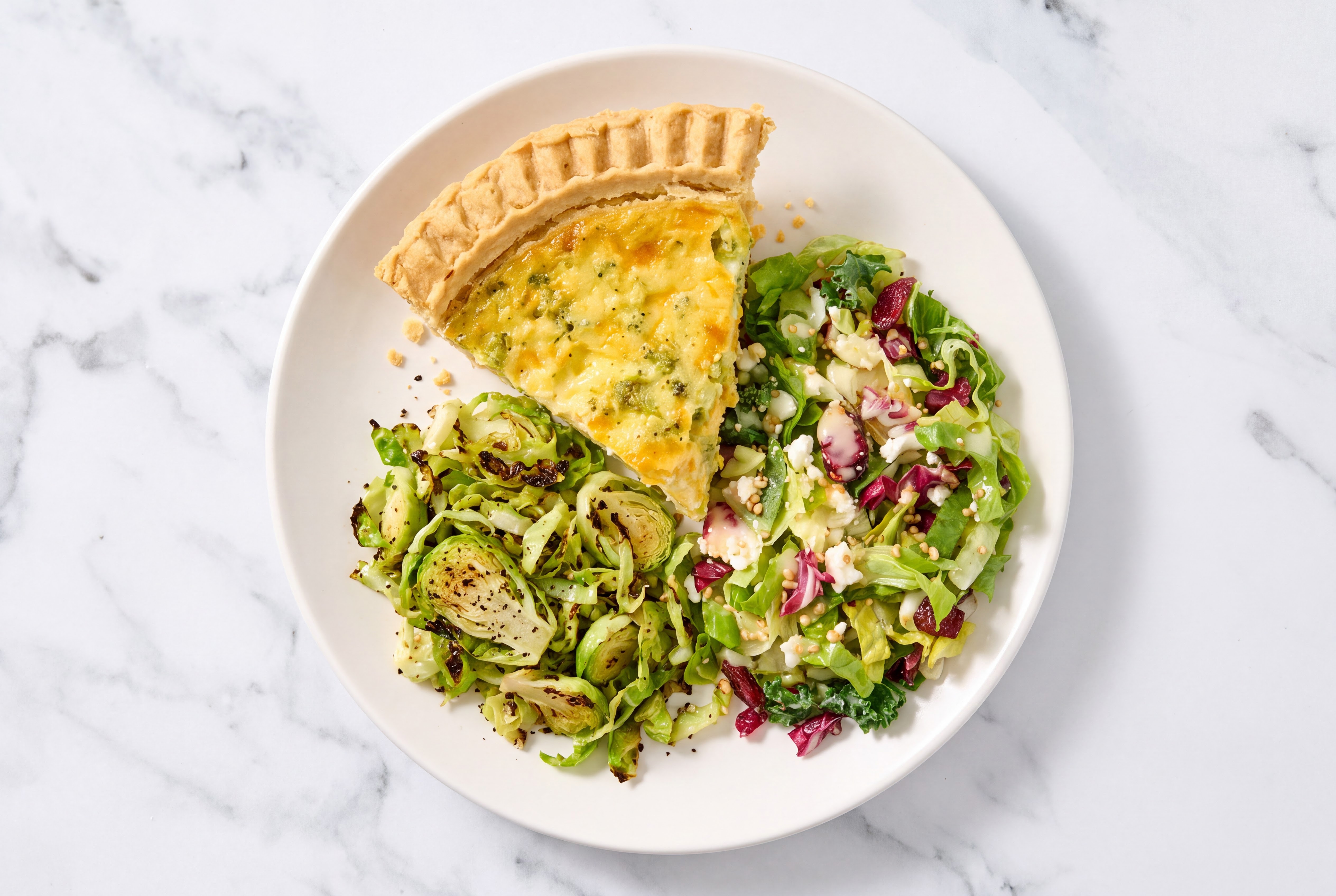 Broccoli & Cheddar Quiche with Brussels & Honey Citrus Salad