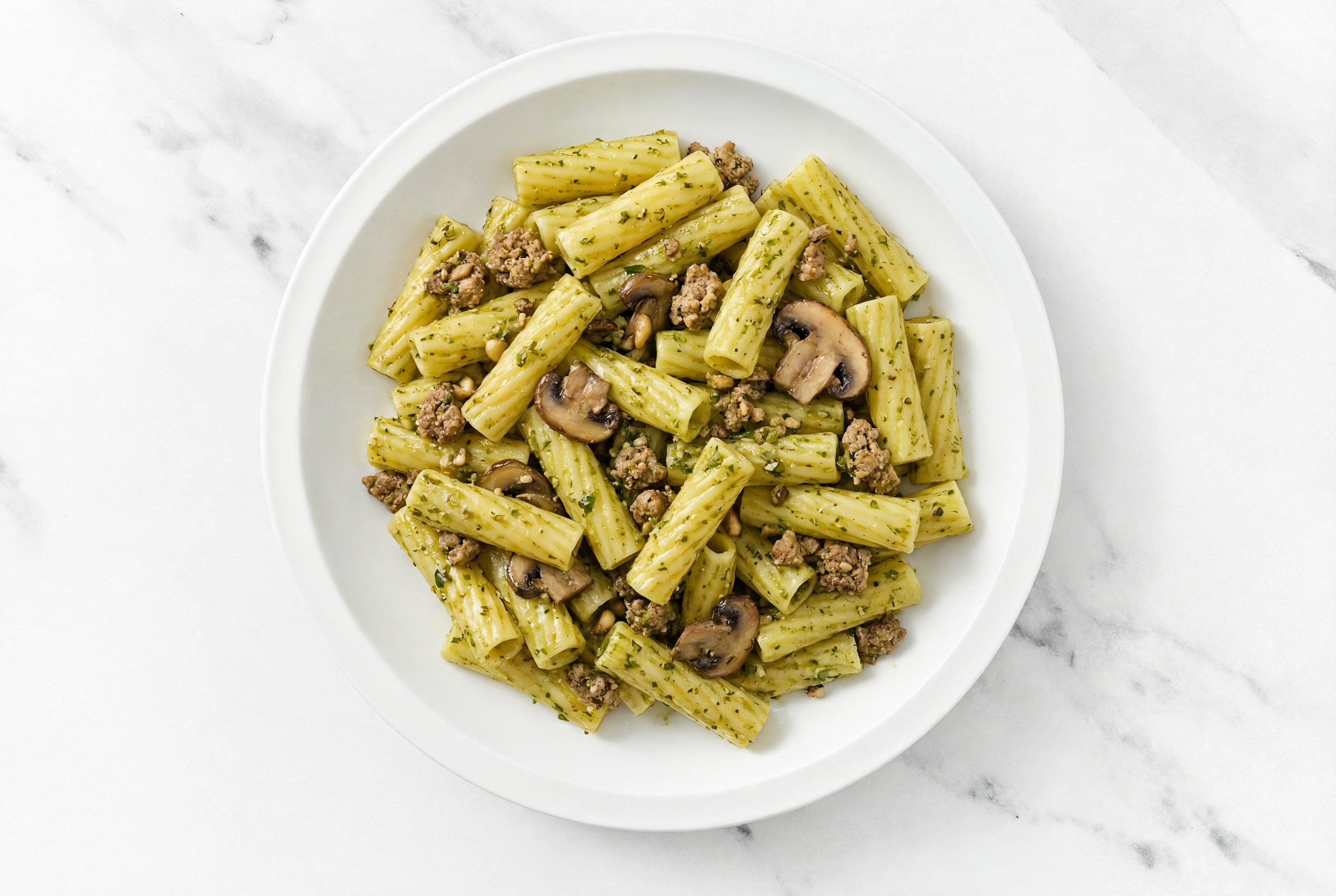 Rigatoni Pesto with Ground Bison & Mushrooms