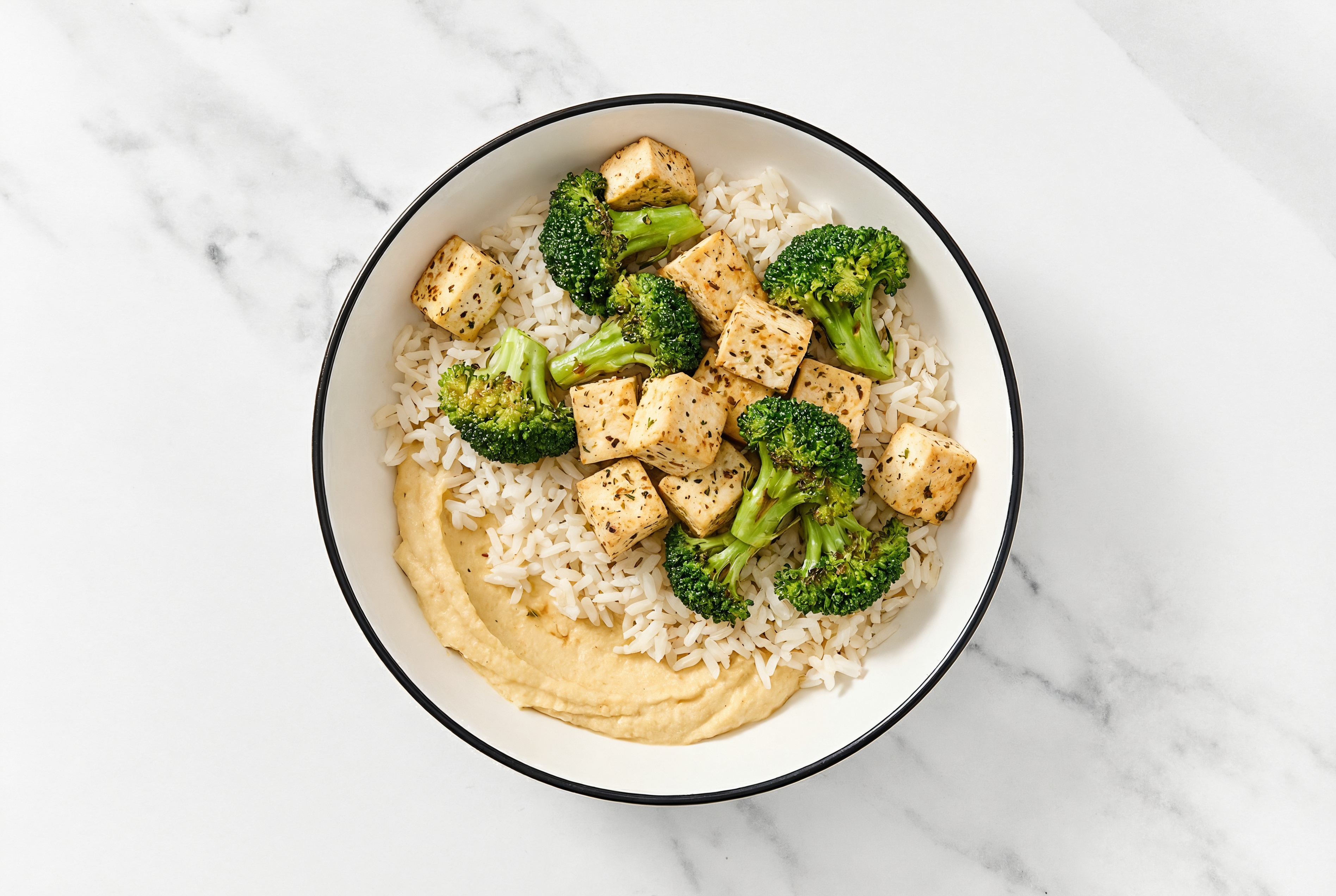 Tofu Bite & Broccoli Long Grain White Rice Bowl with Onion Hummus