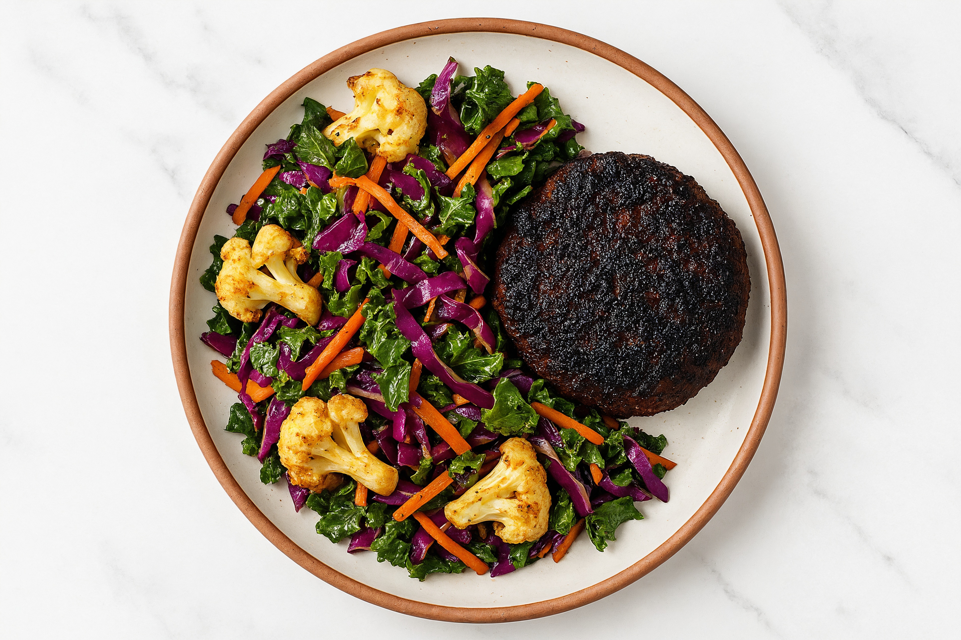 Blackened Ground Beef Bowl with Cauliflower Florets + Sautéed Kale Mix