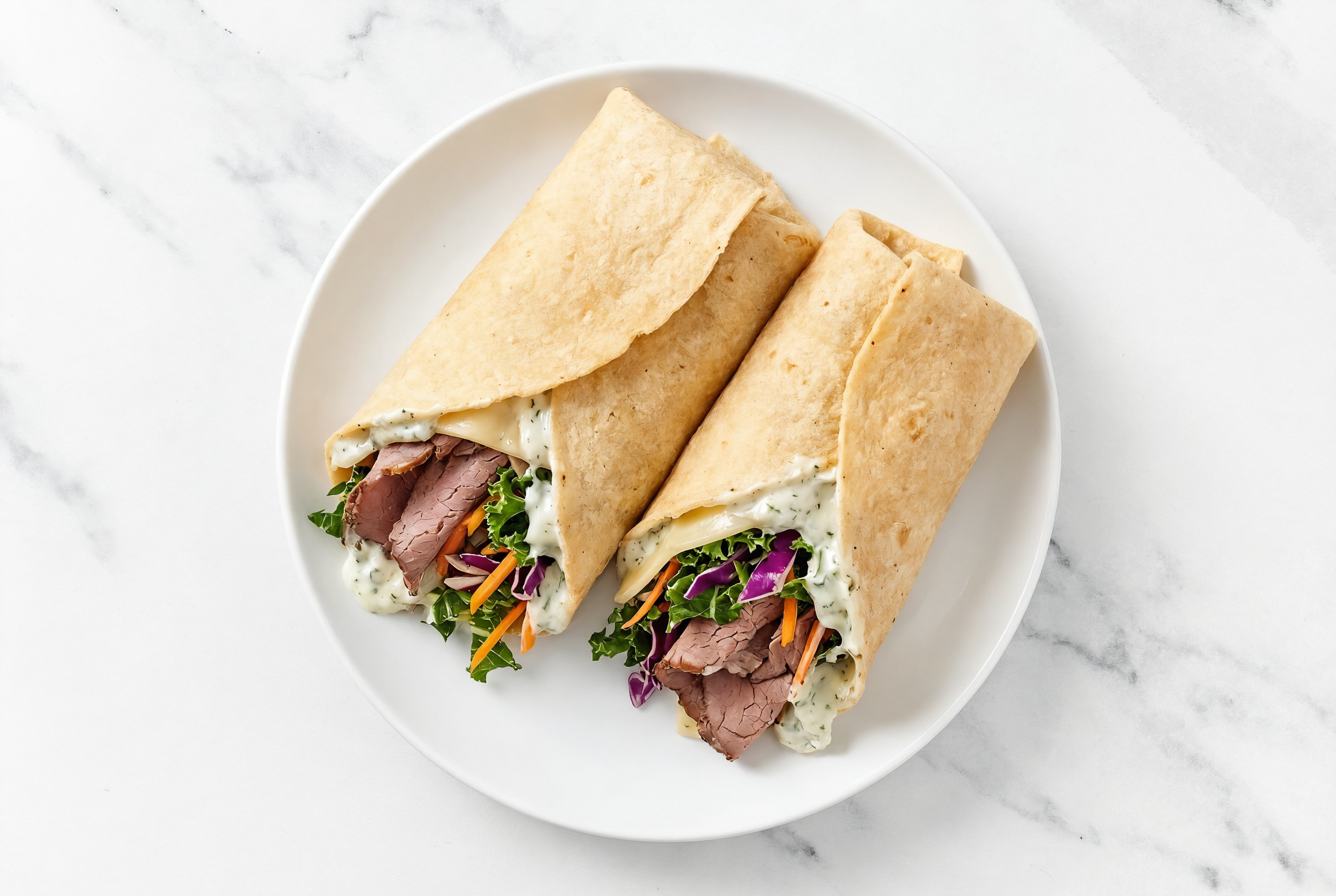 Tzatziki Roast Beef + Swiss Tortilla Wraps with Rainbow Veggies