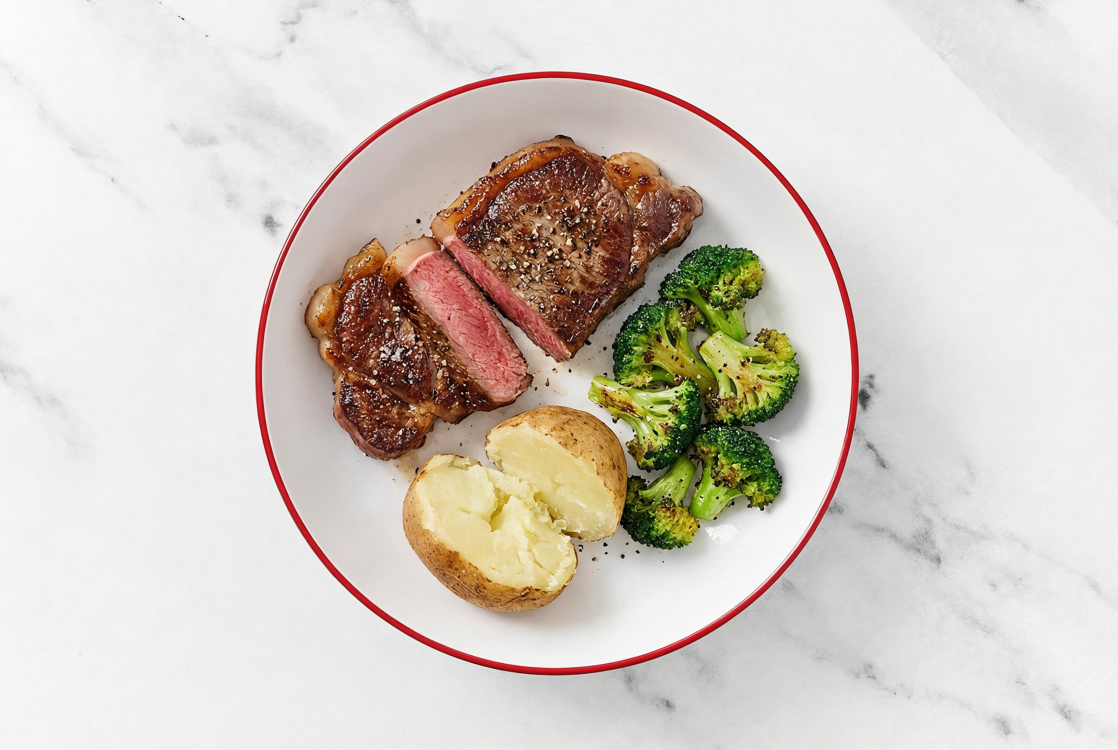 Strip Steak with Broccoli Florets + Baked Potato
