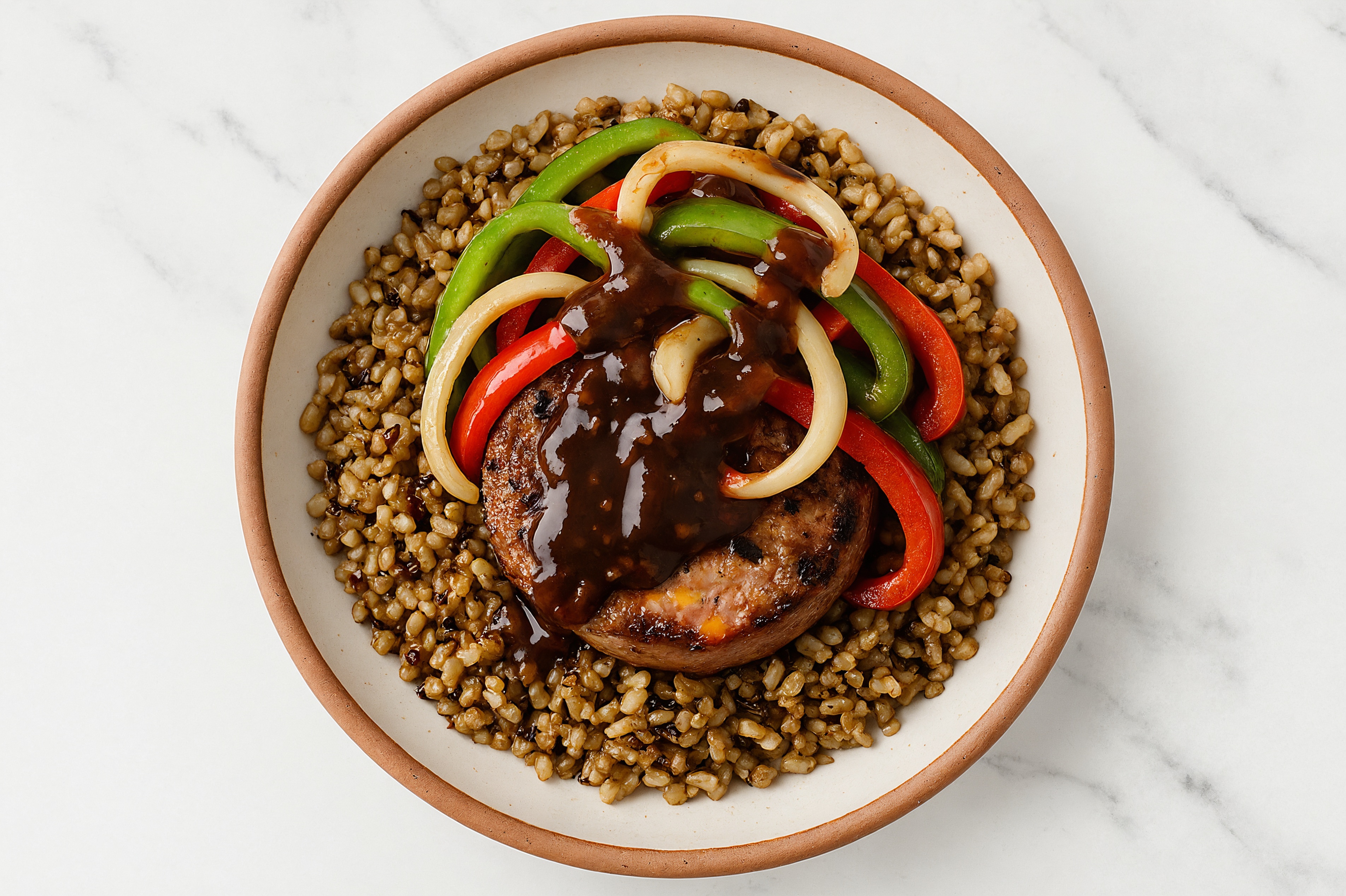 Bacon + Cheddar Burger & Veggie Grain Bowl with Tangy Black Pepper