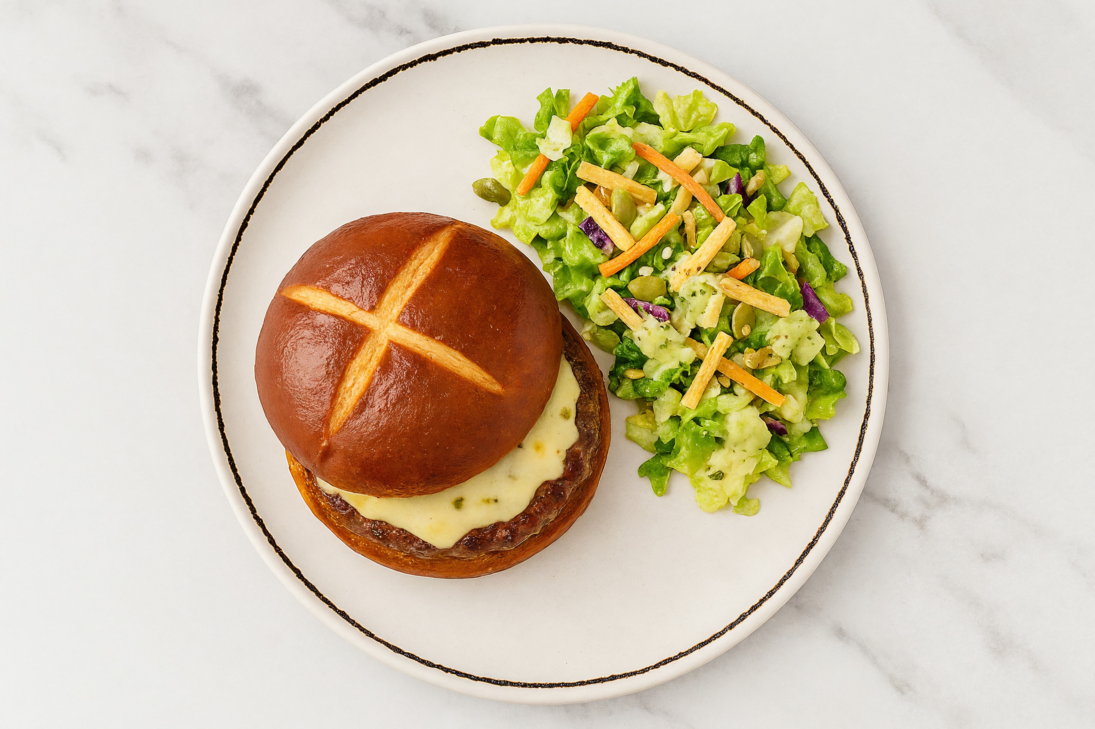 Pepper Jack Pretzel Burger +Green Goddess Side Salad with Ground Beef Patties