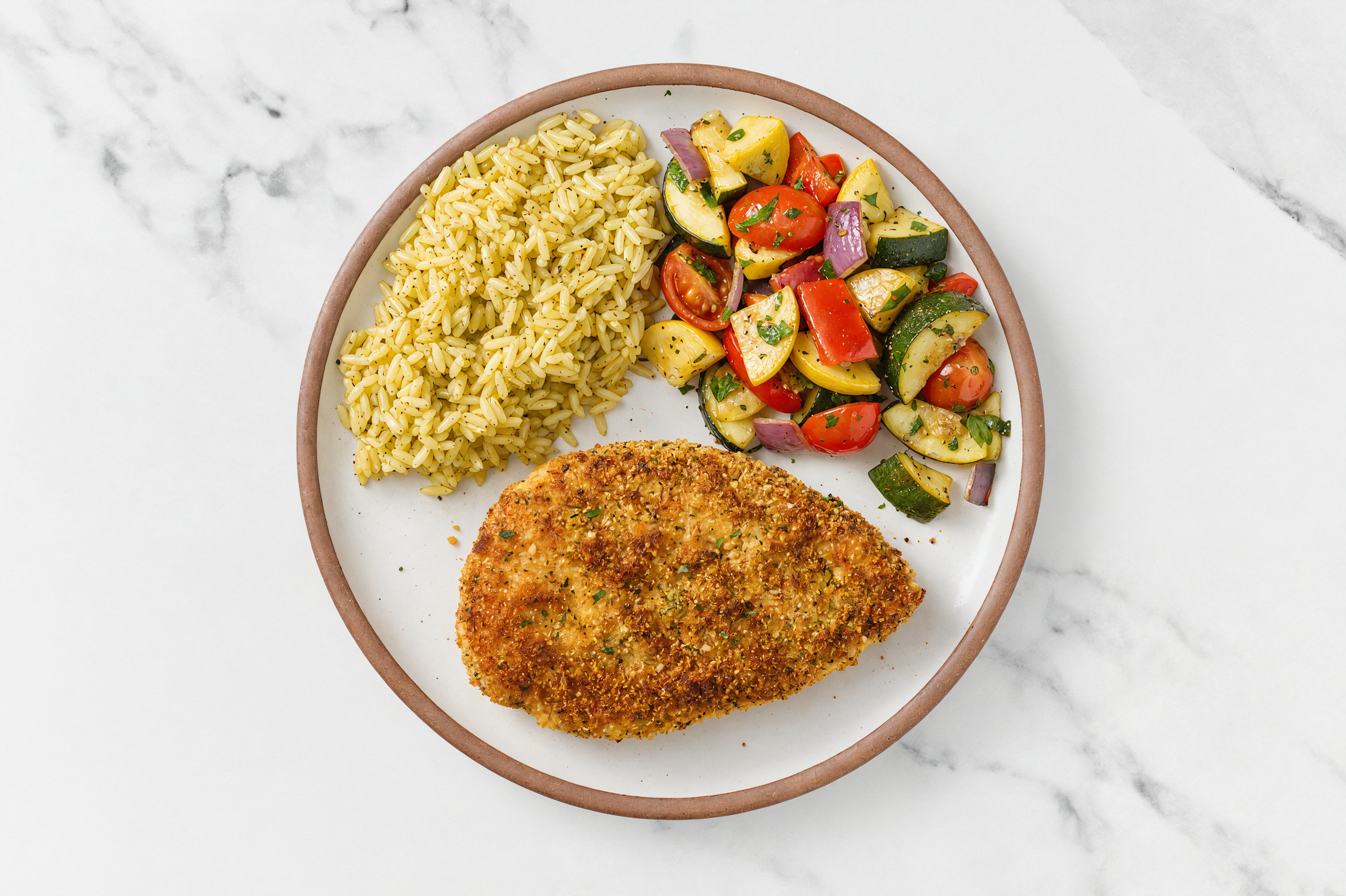 Parmesan Breaded Chicken Cutlet with Squash Skillet & Jasmine Rice
