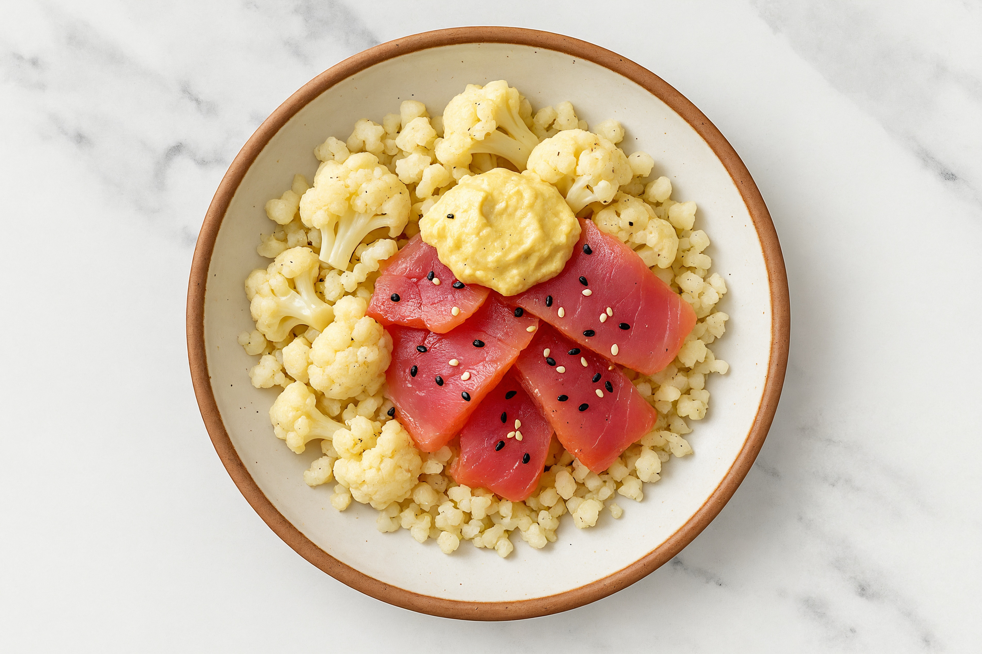 Tuna Cauliflower Rice Bowl with Lemon Hummus & Cauliflower