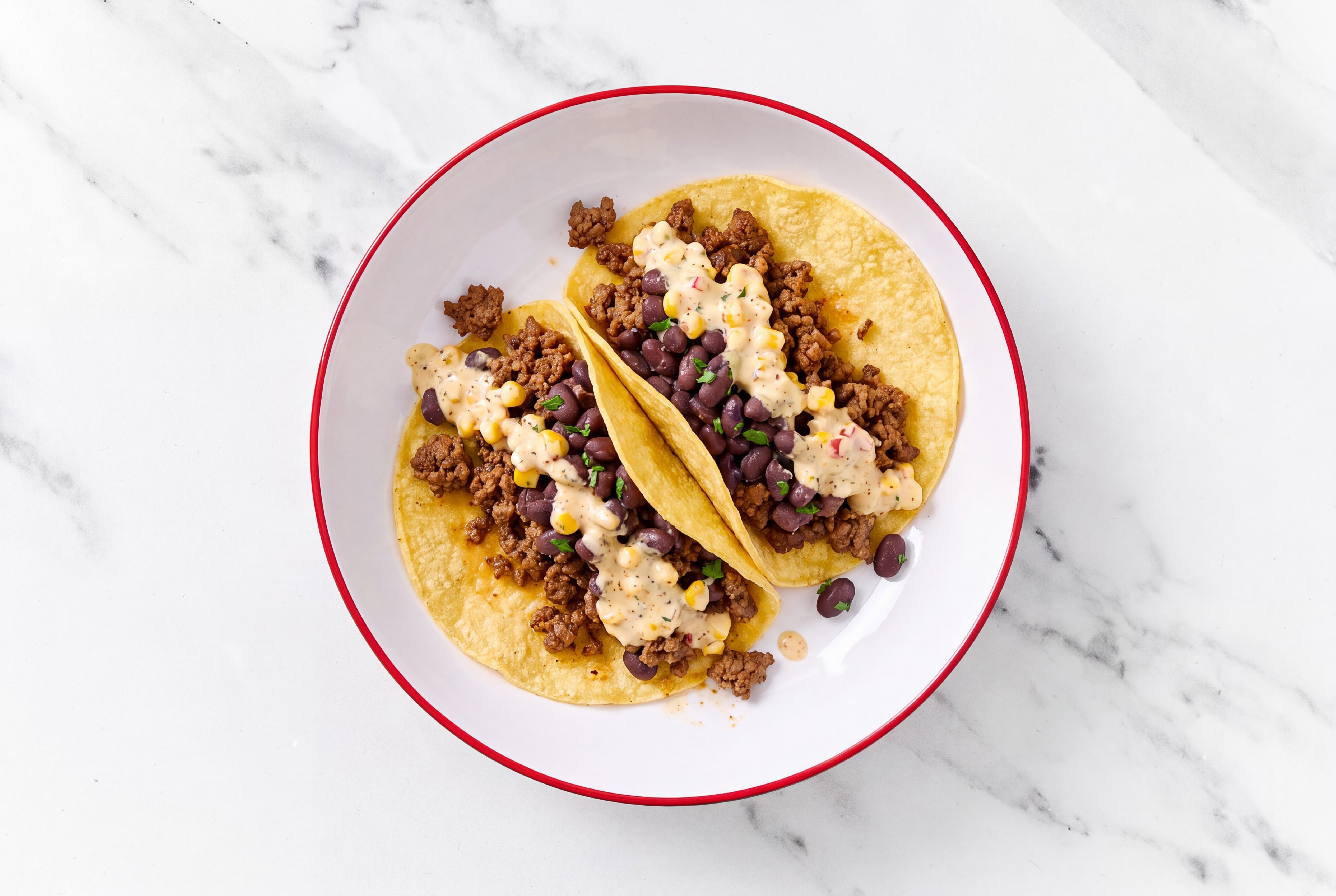 Ground 93/7 Lean Beef Tacos with Street Corn + Wheat Tortillas Sauce & Spiced Beans