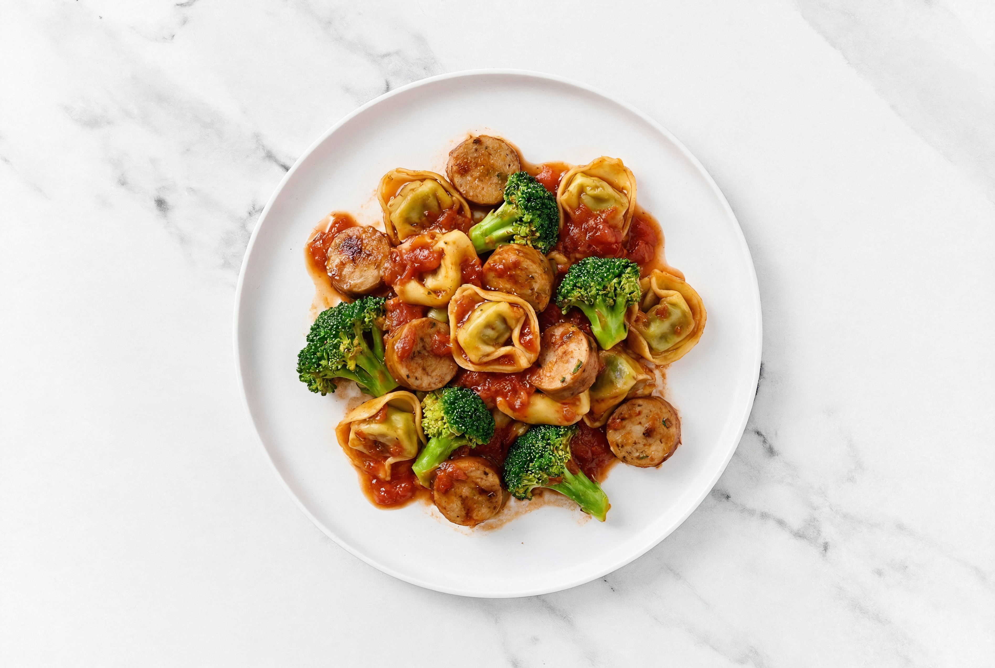 Tomato-Sauce Tortellini with Sausage with Broccoli Florets