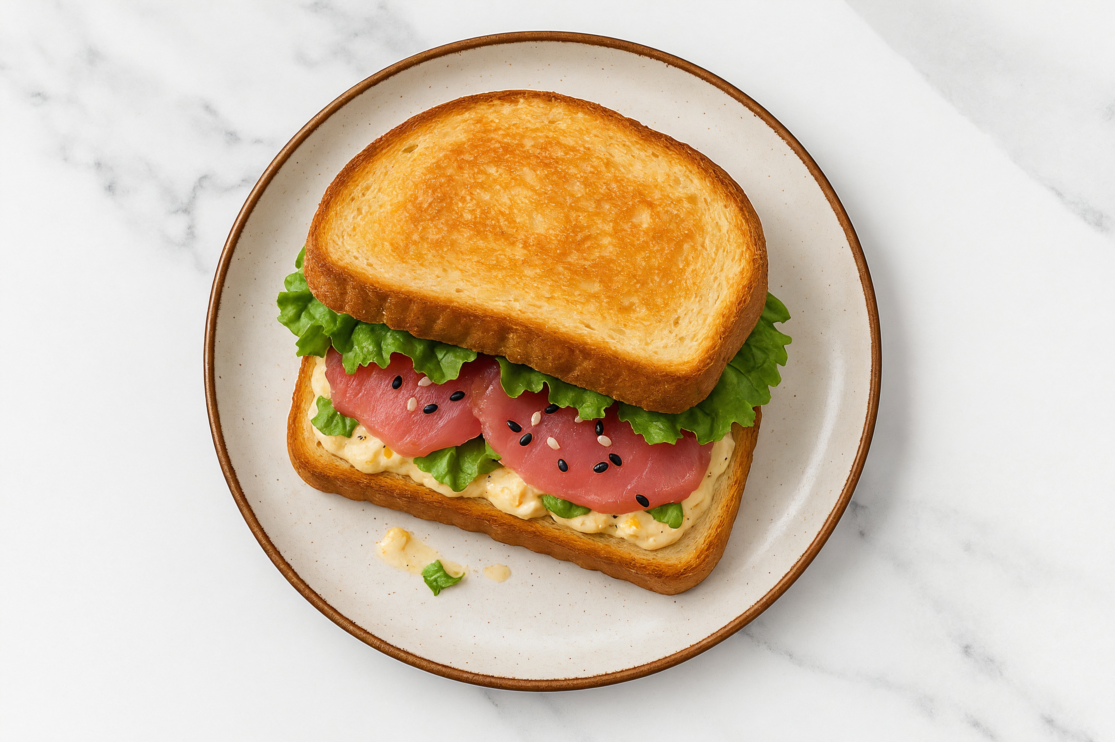 Street Corn Smoked Tuna Sandwich with Green Leaf Lettuce on Honey White Bread
