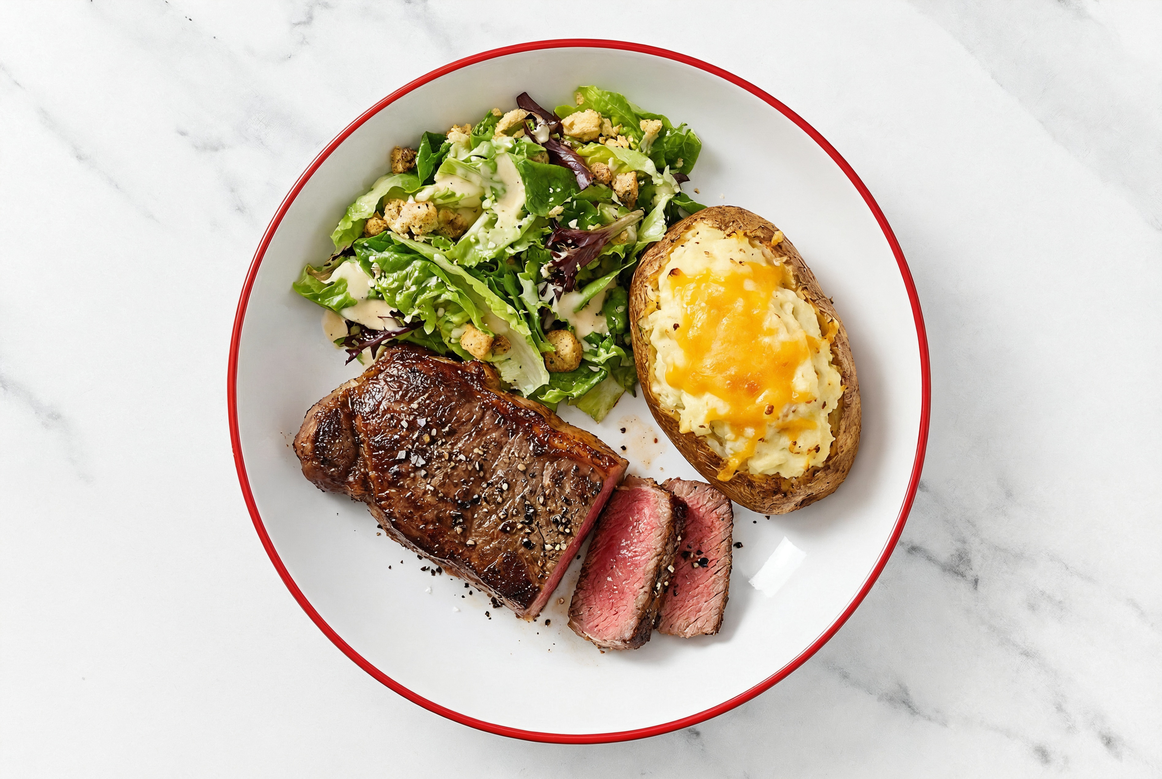 Strip Steak with Little Gem Salad + Twice-Baked Potato