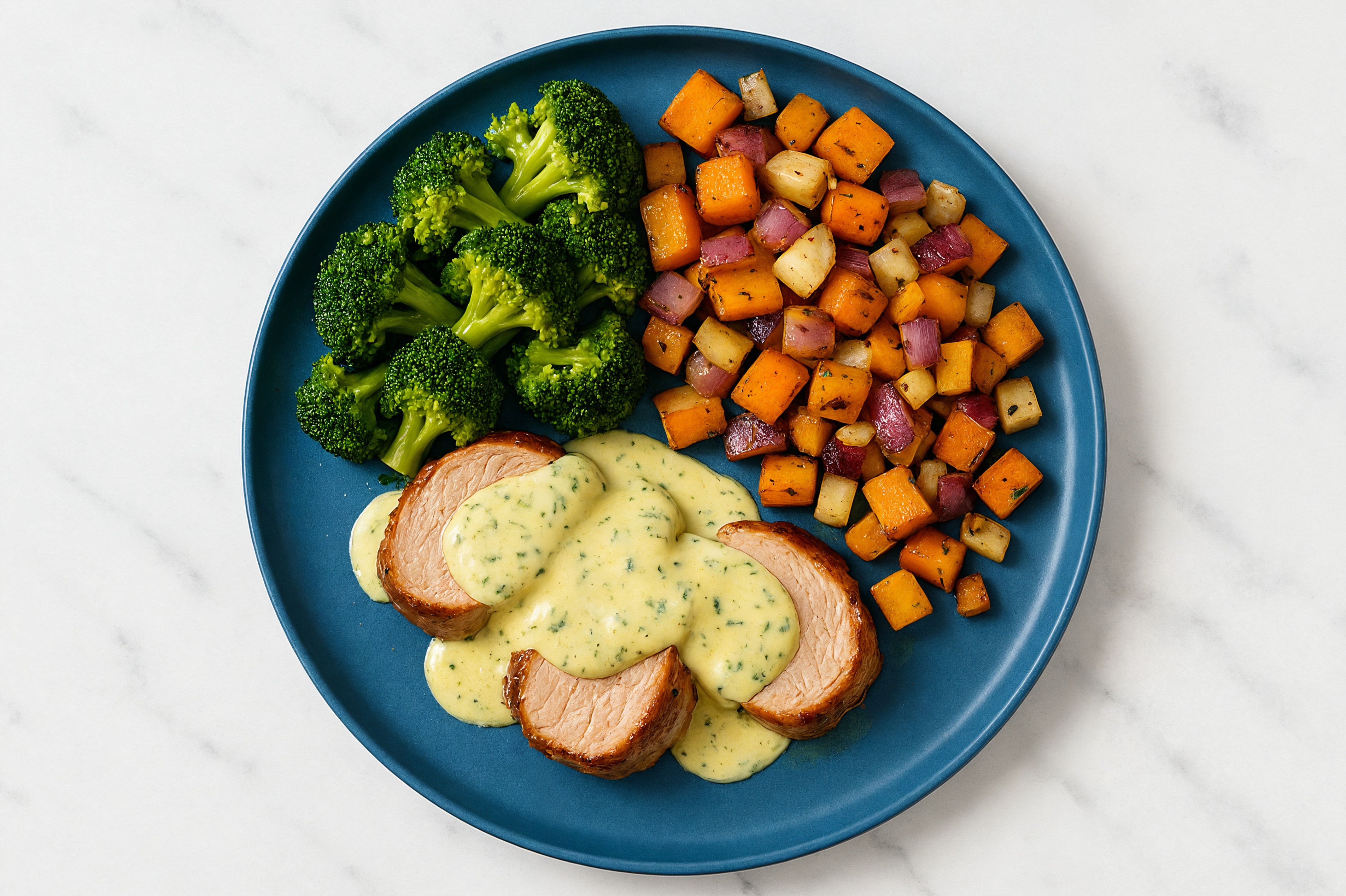 Creamy Herb Smothered Pork Tenderloin with Broccoli & Roasted Vegetables