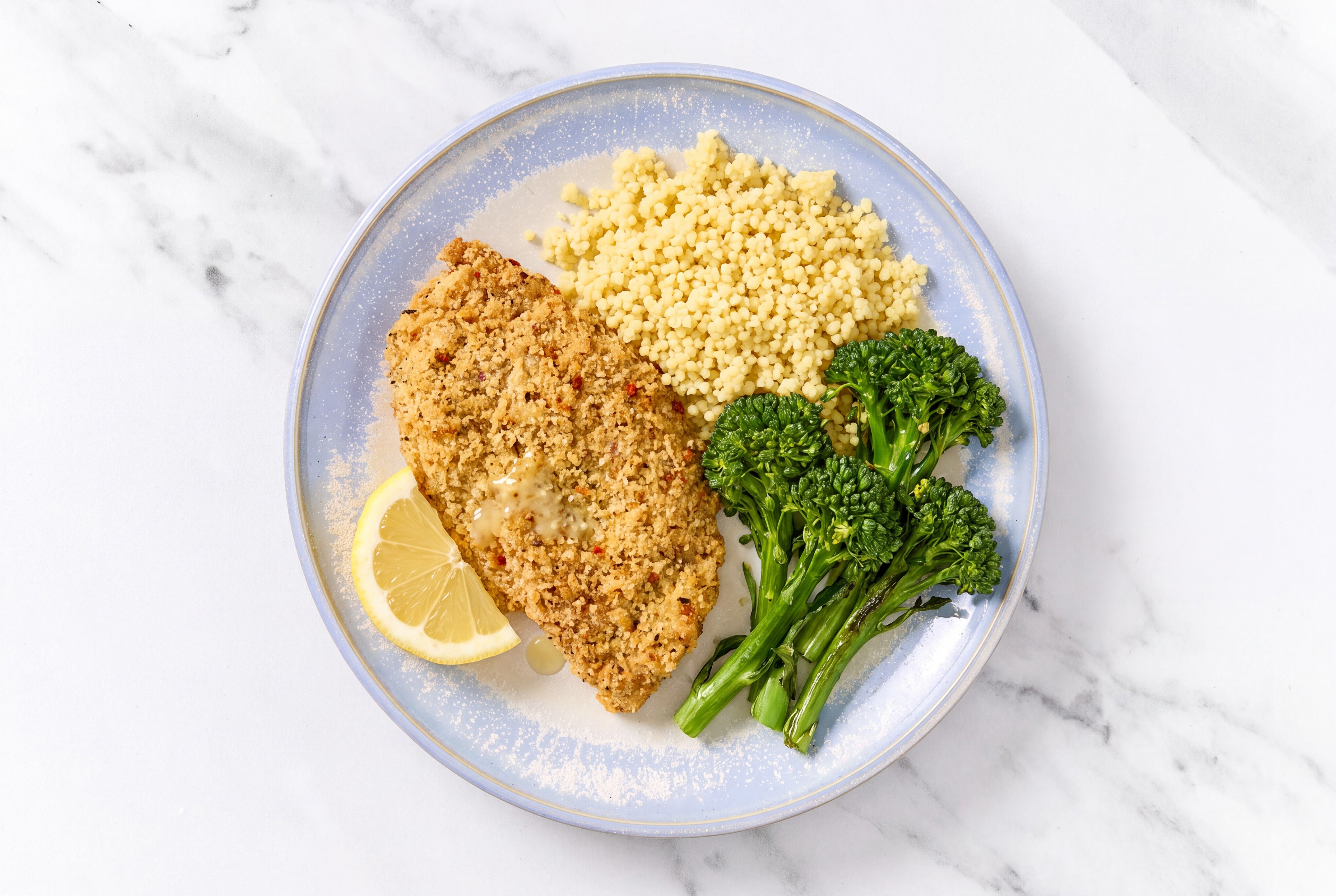 Lemon Parmesan Breaded Chicken Cutlet with Baby Broccoli & Couscous