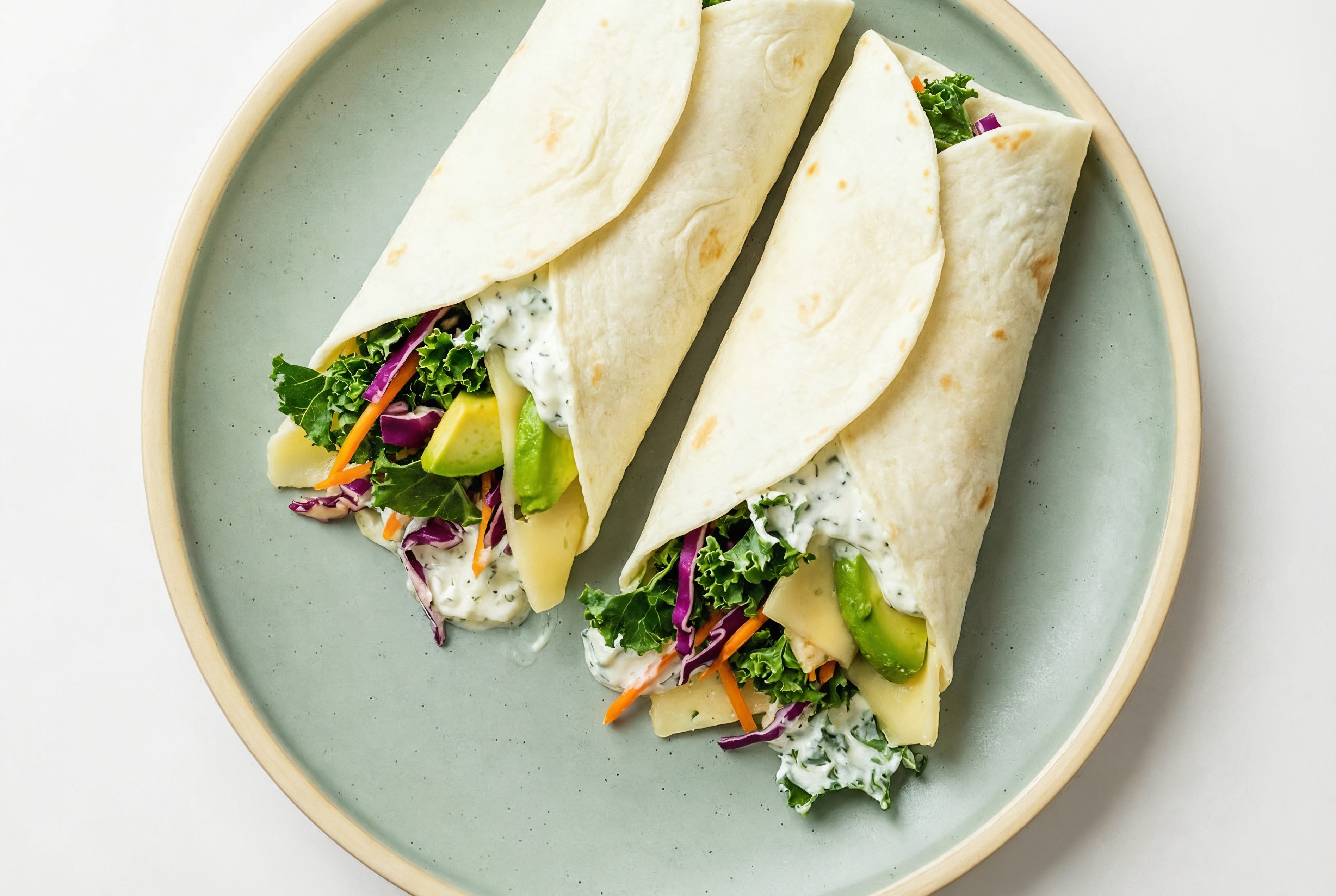 Creamy Avocado + Havarti Wraps with Rainbow Veggies