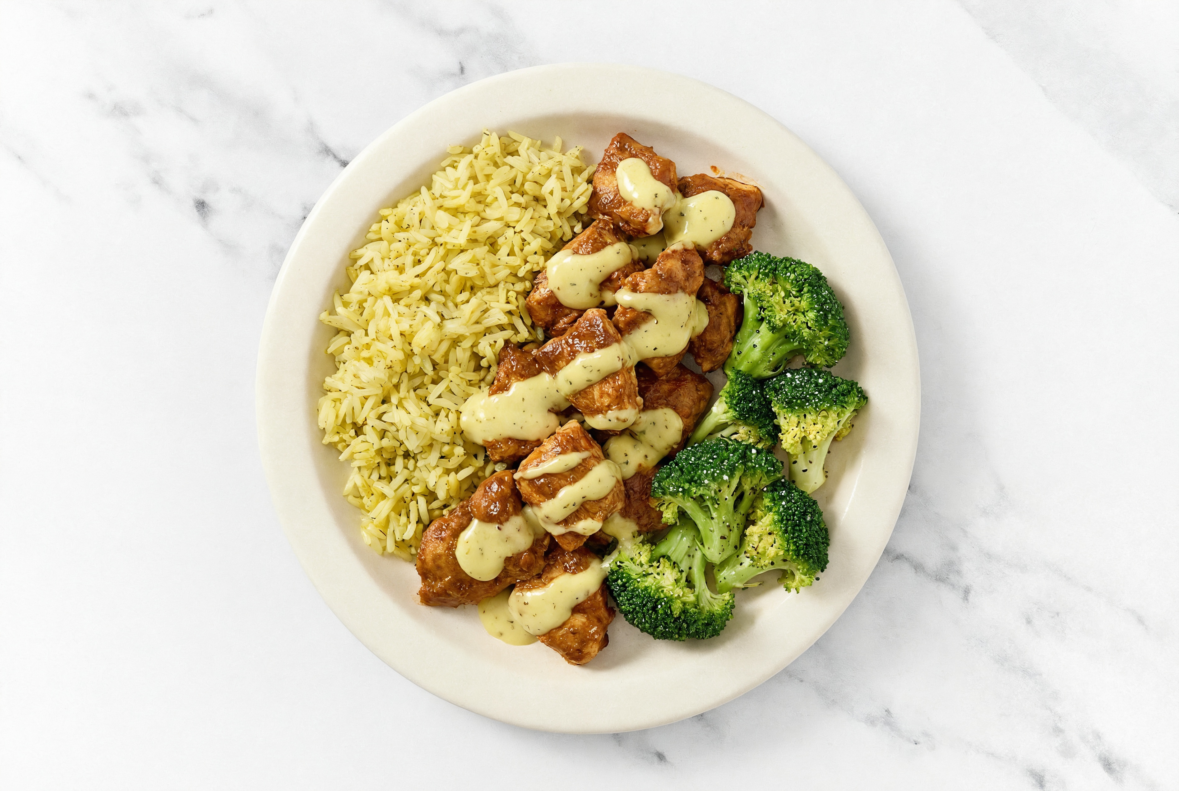 Creamy Honey Mustard Tandoori Chicken Rice Bowl with Broccoli Florets