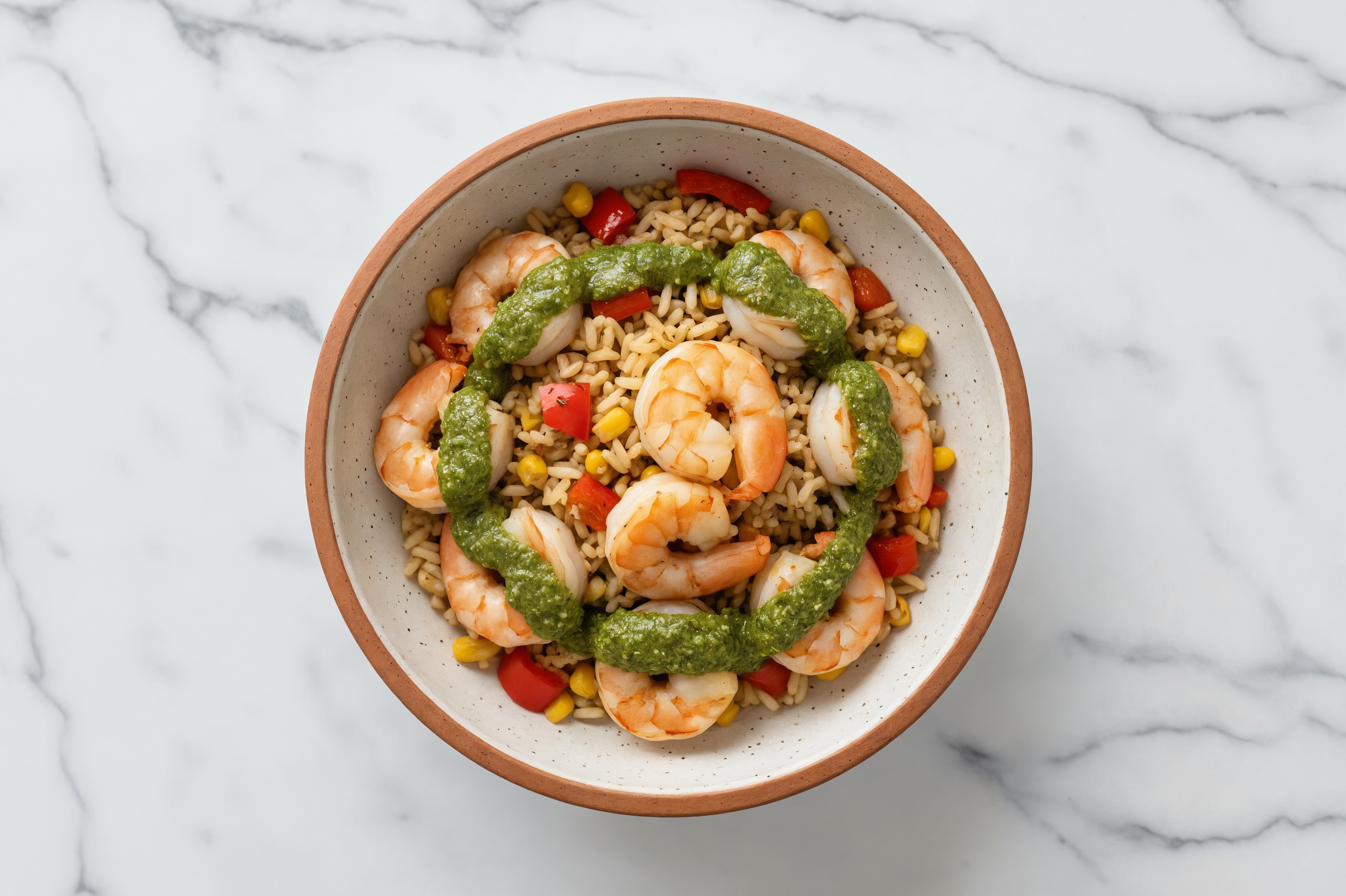 Herby Chimichurri Jumbo Shrimp + Mexican Street Corn Rice Bowl with Red Bell Pepper