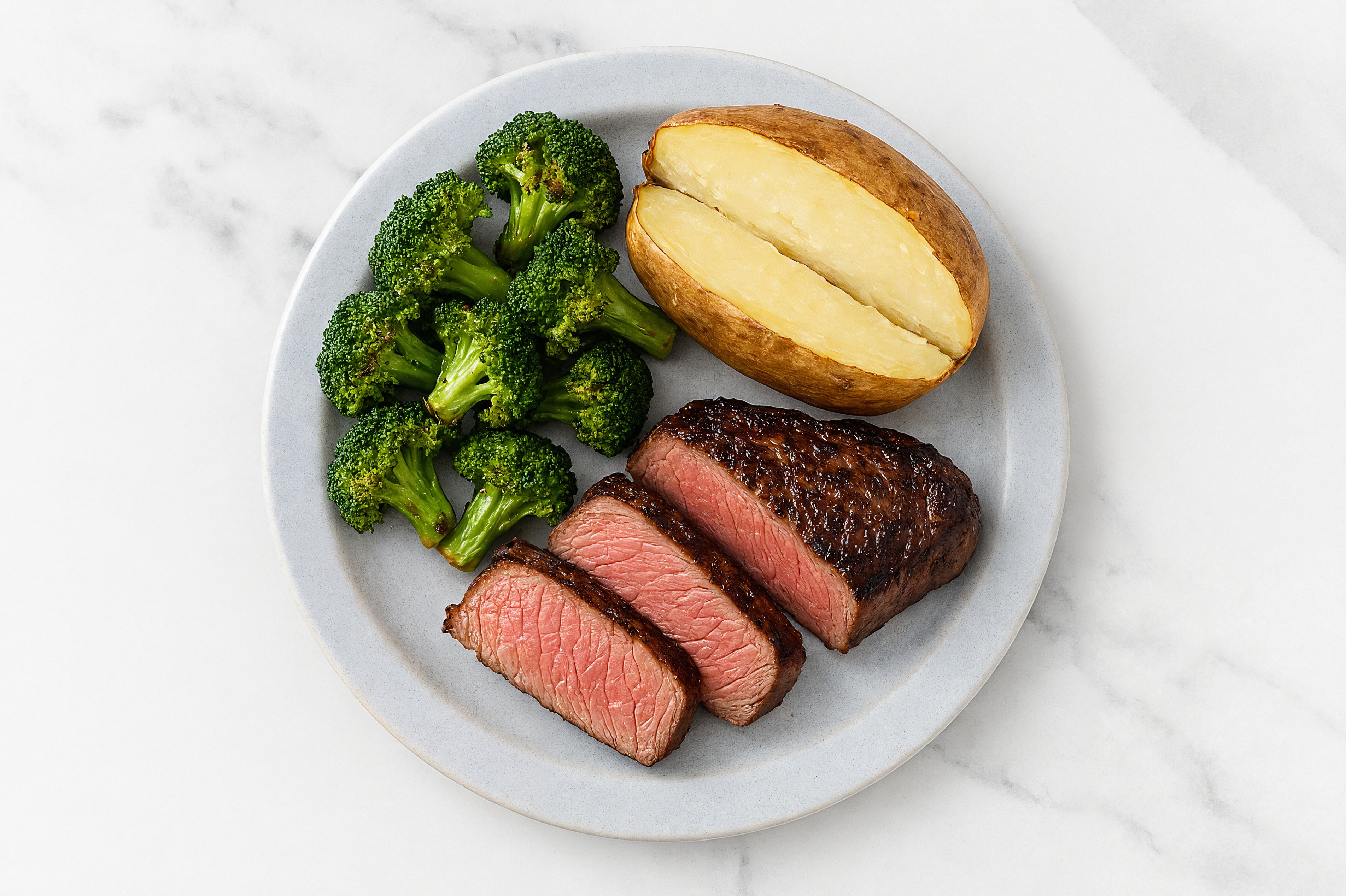 Wagyu Strip Steak with Broccoli + Baked Potato