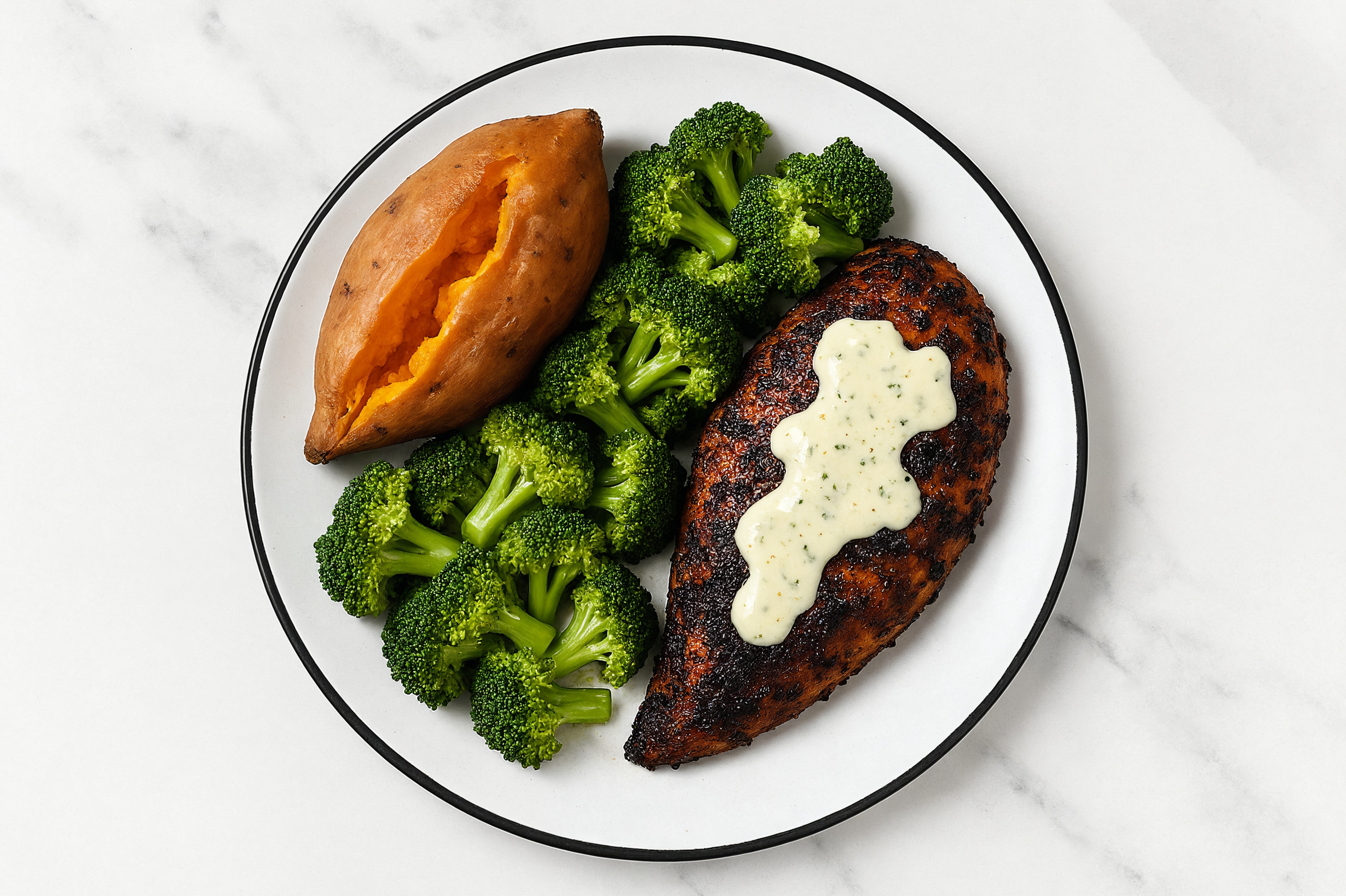  Blackened Ranch Chicken Breasts + Sweet Potatoes with Broccoli Florets