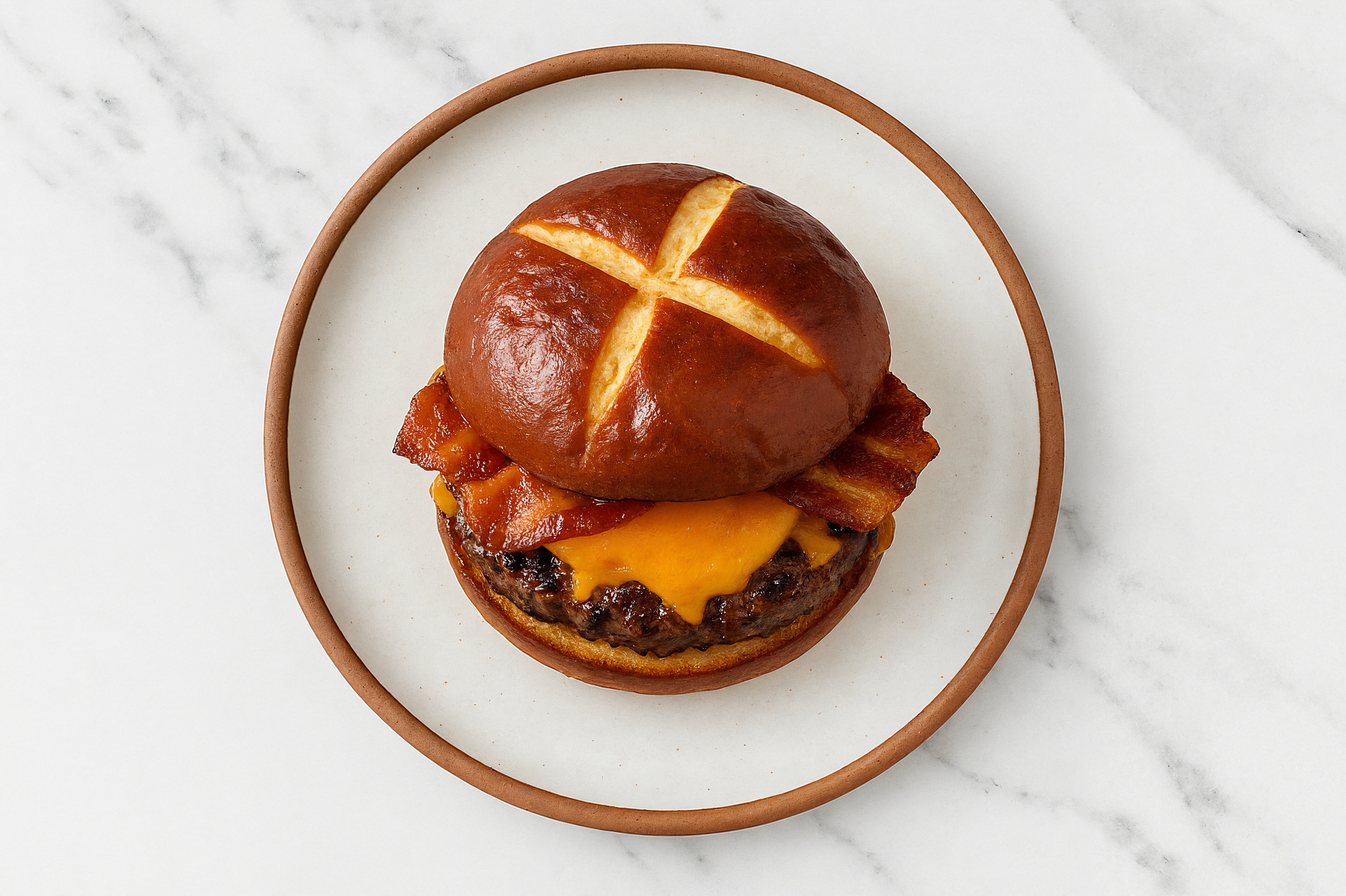 Juicy Maple Bacon Cheeseburger on Pretzel Bun with Ground Beef Patties