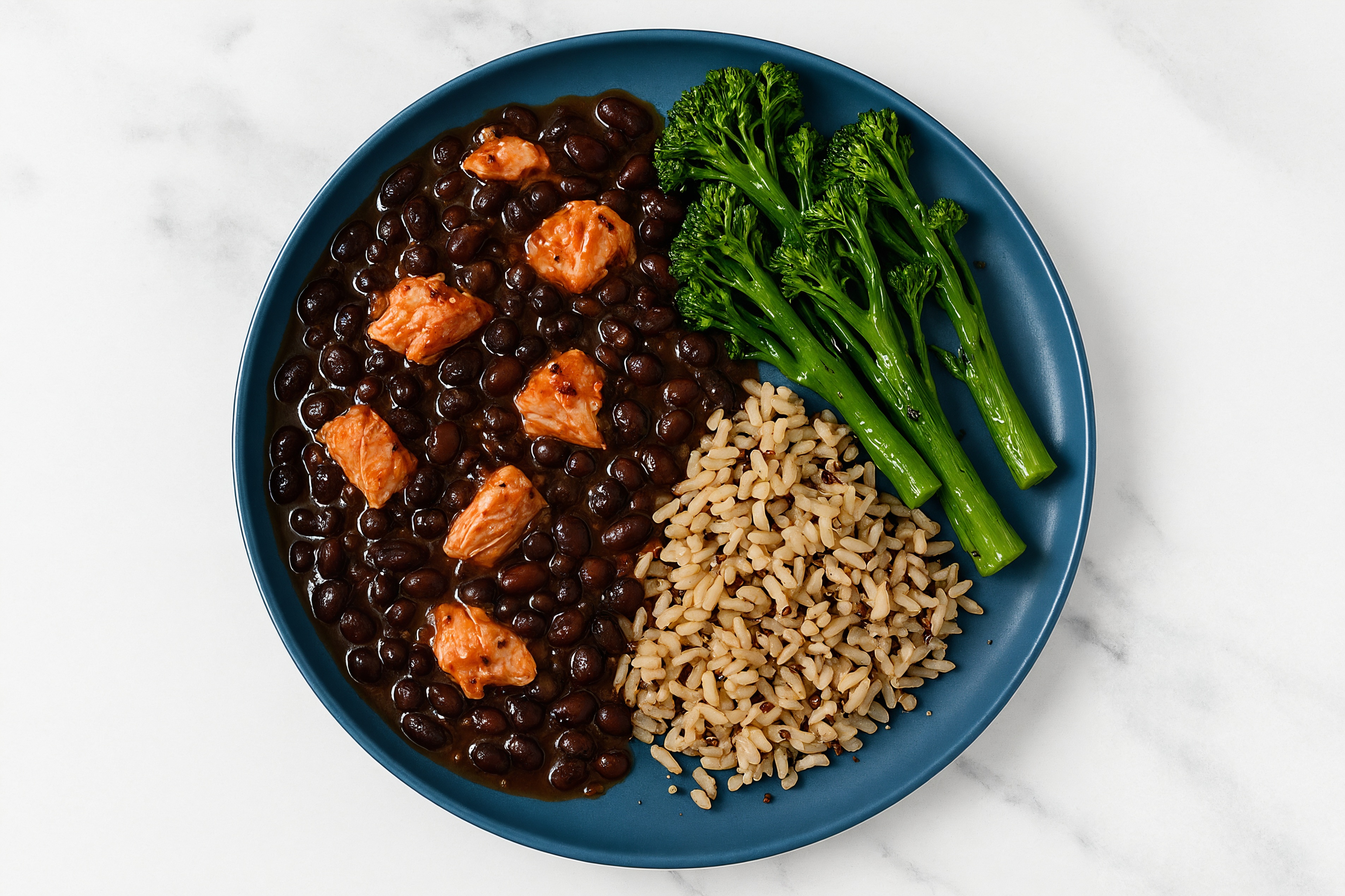 Salmon & Black Bean Stew with Sweet Baby Broccoli & Brown Rice