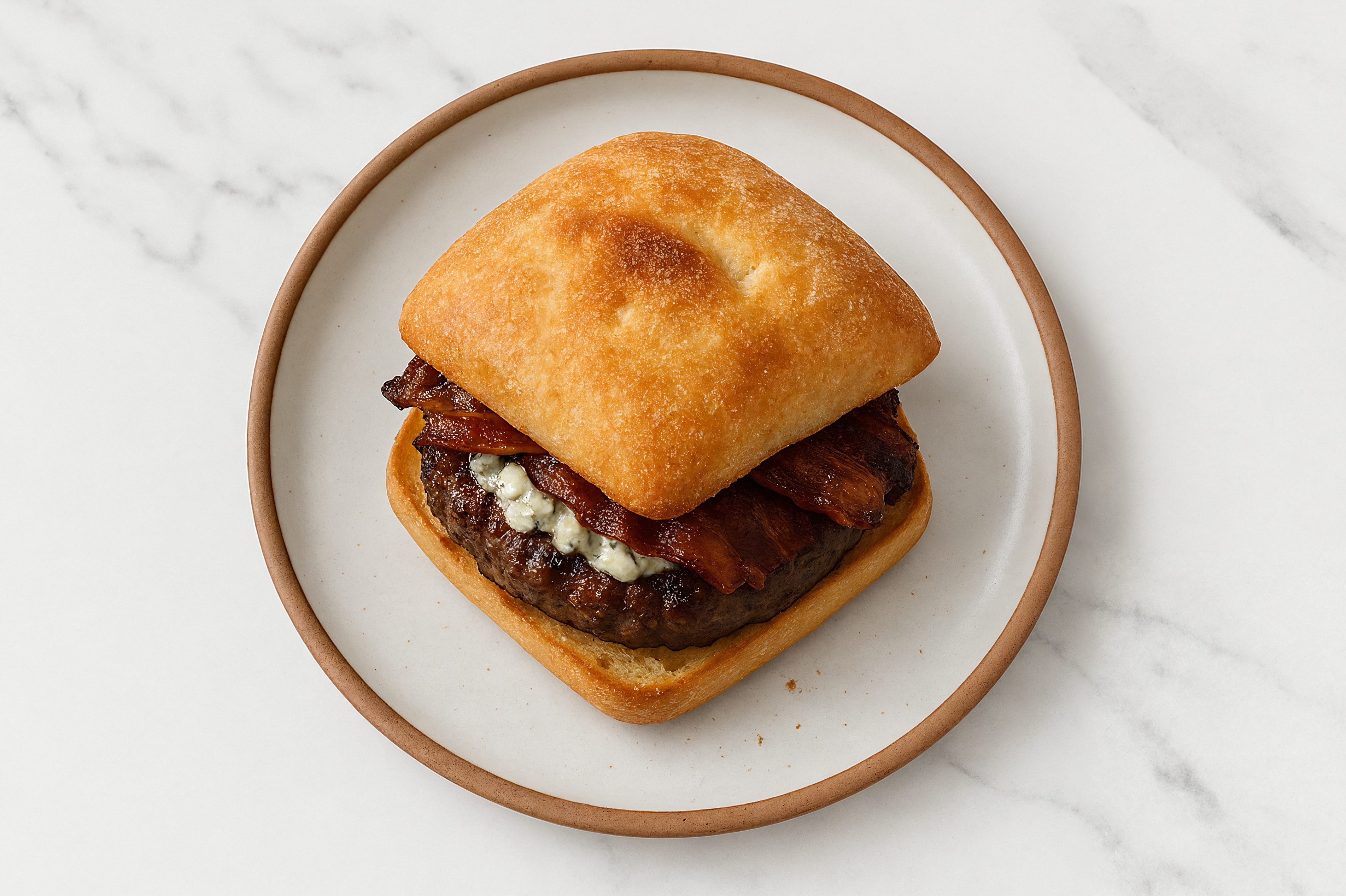 Blue Cheese + MyBacon Cheeseburger on Ciabatta with Ground Beef Patties