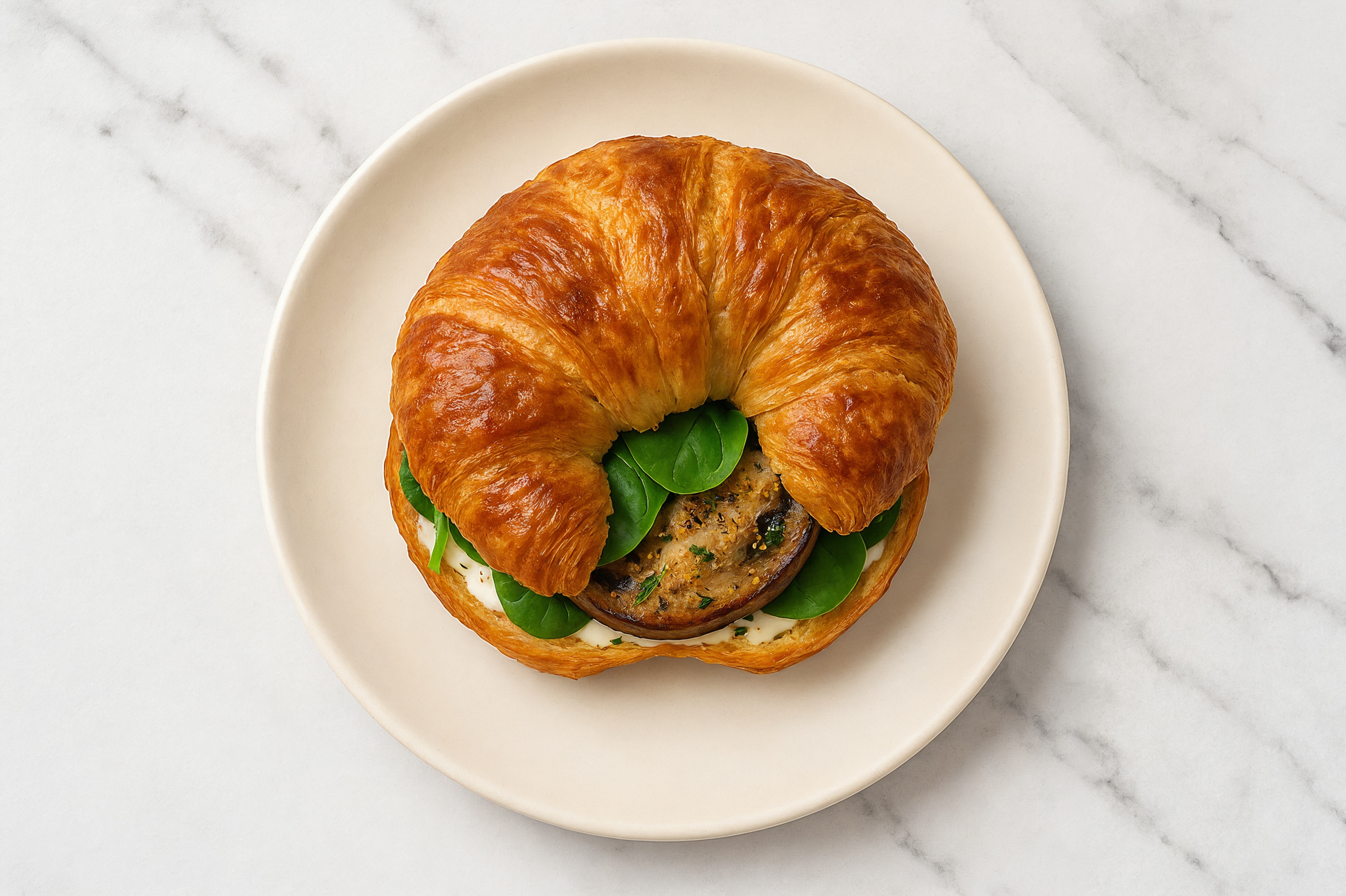 Portabella Mushroom on Croissant with Garlic Sauce + Baby Spinach