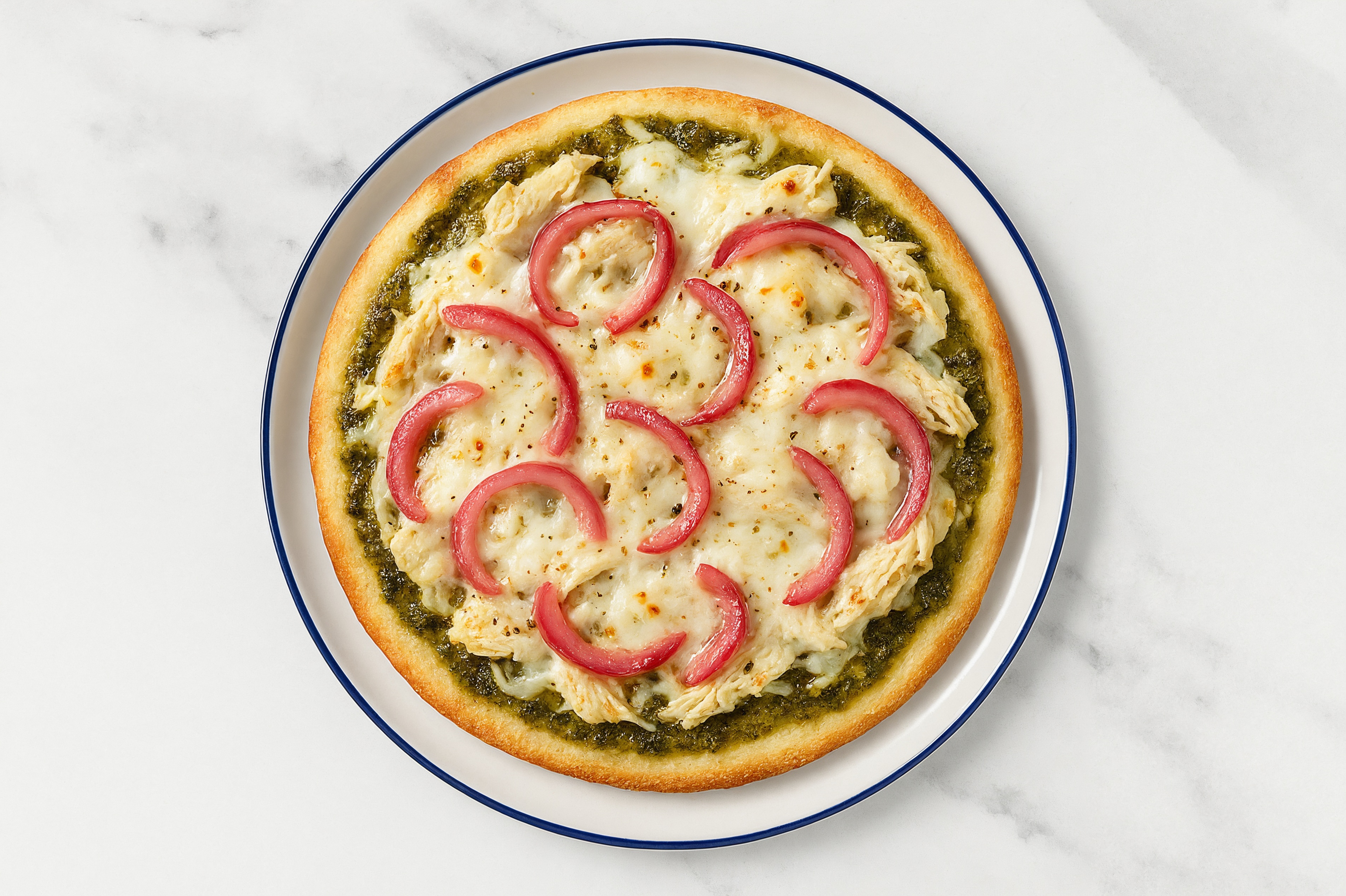 Pesto Pulled Chicken Gluten-Free Pizza with Pickled Onion