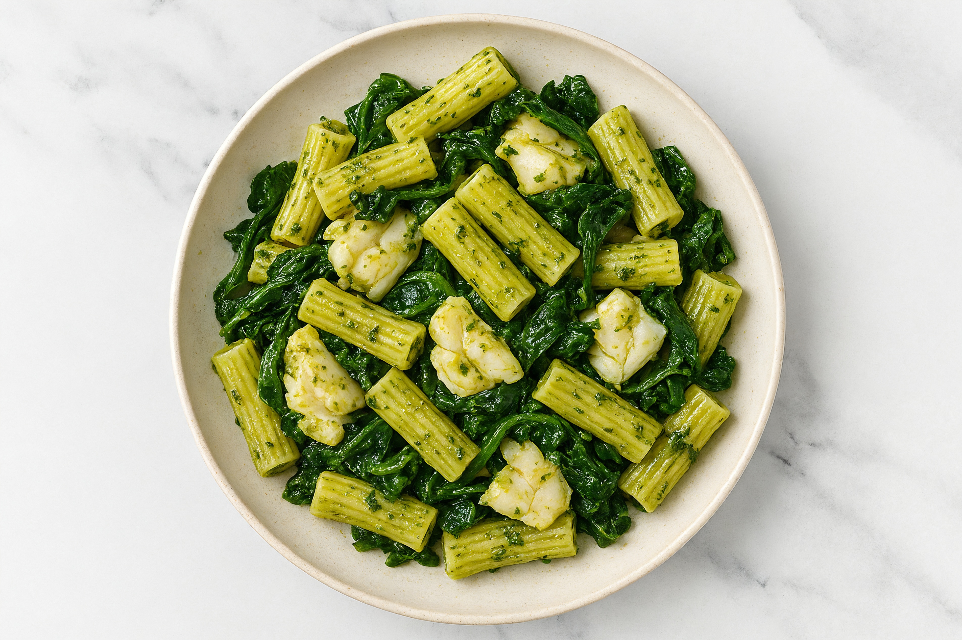 Super Green Cod Rigatoni with Baby Spinach