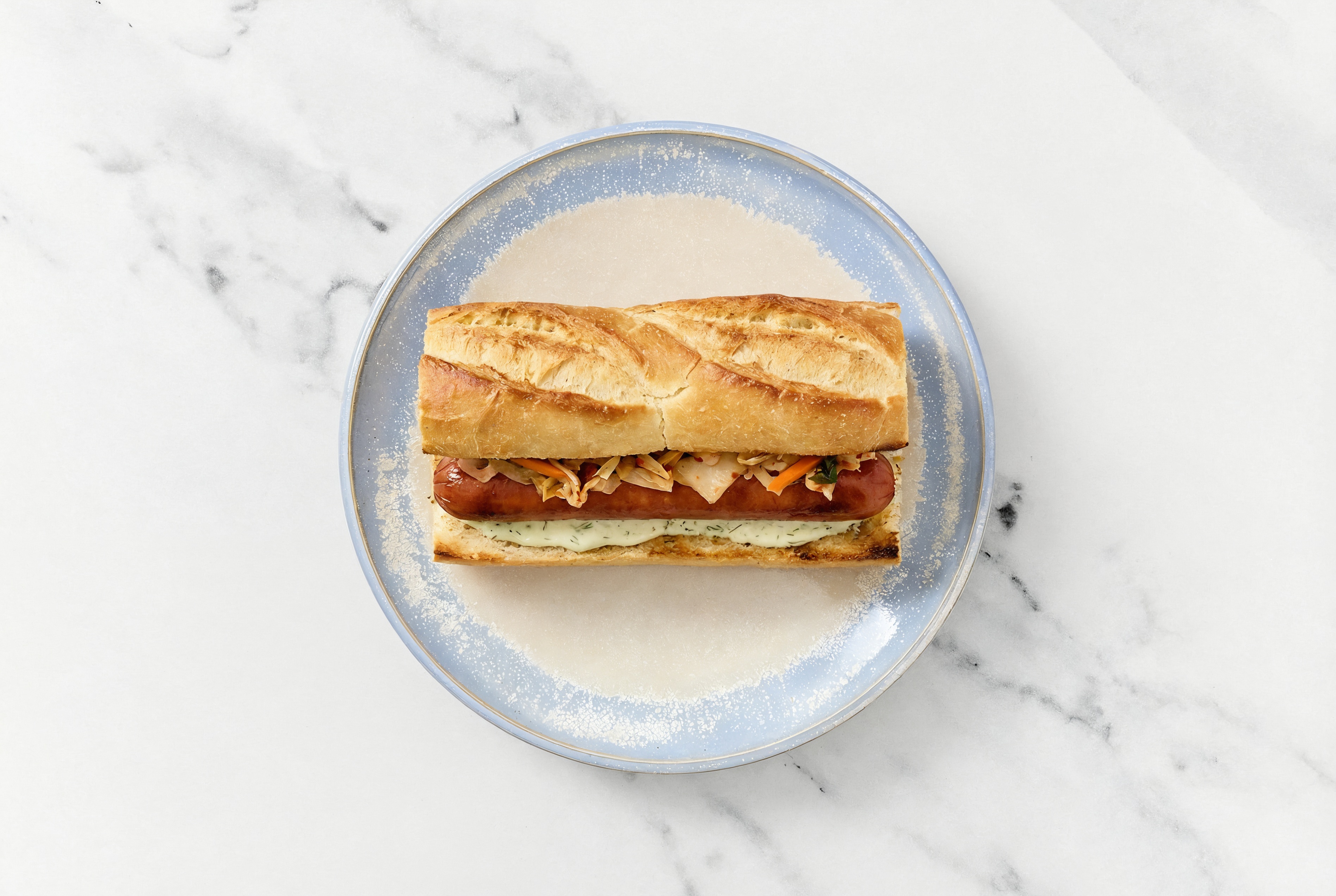 Kimchi Beef Hot Dog with Garlic Sauce on Baguette
