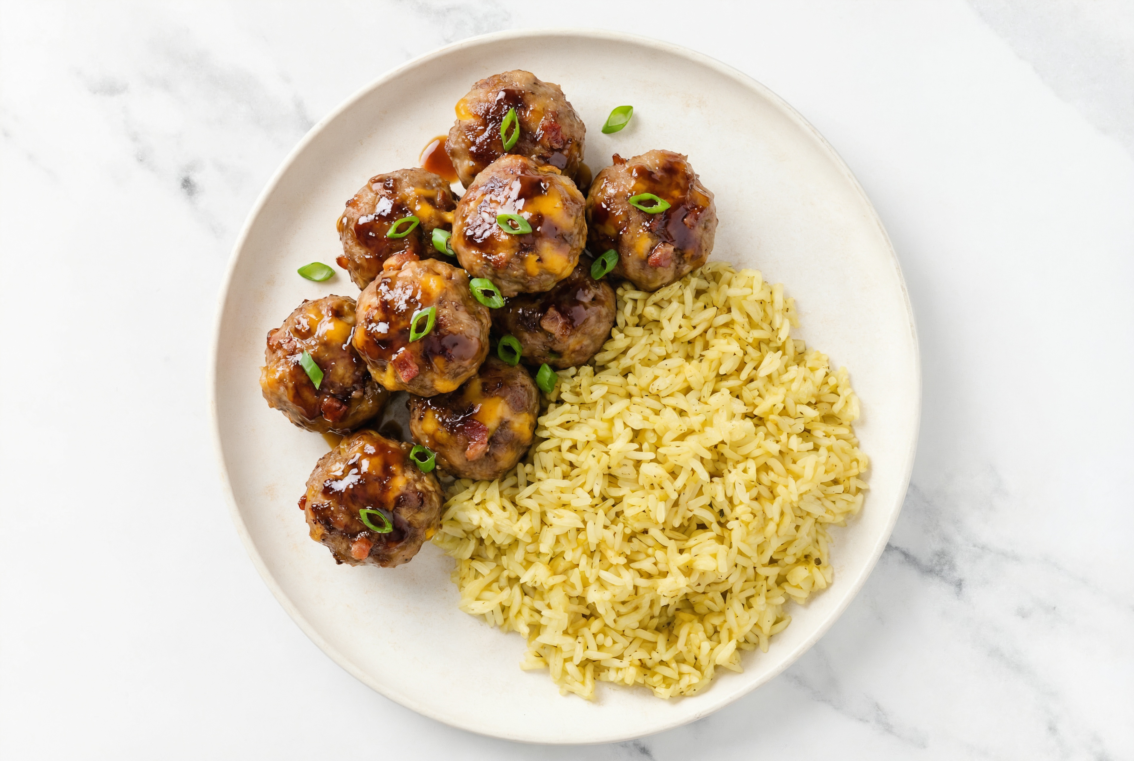 Teriyaki Bacon + Cheddar Beef Burger Meatballs + Jasmine Rice