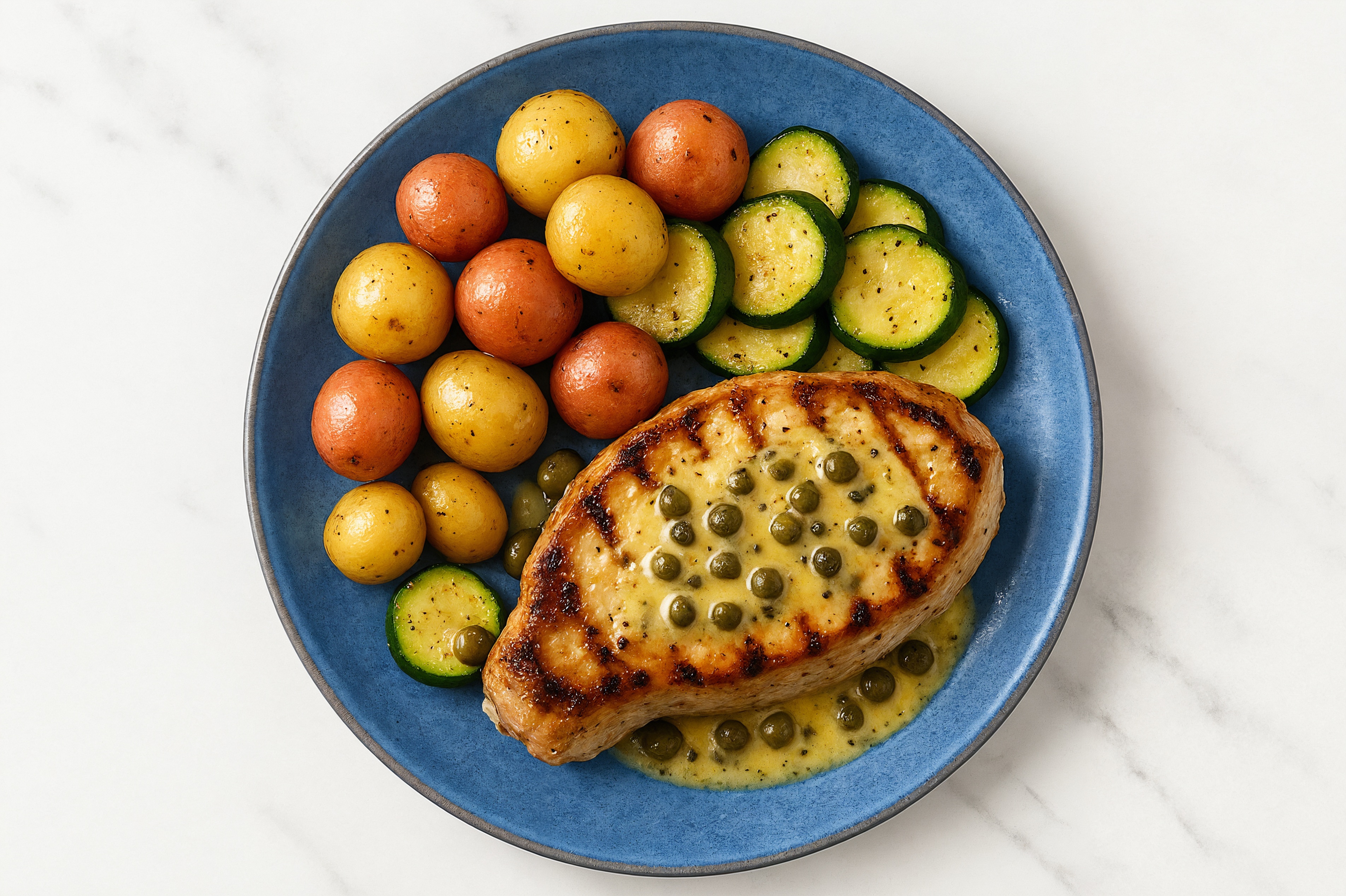Caper-Slow Churned Lemon & Peppercorn Pasture Butter Pork Chops with Creamer Potatoes & Zucchini