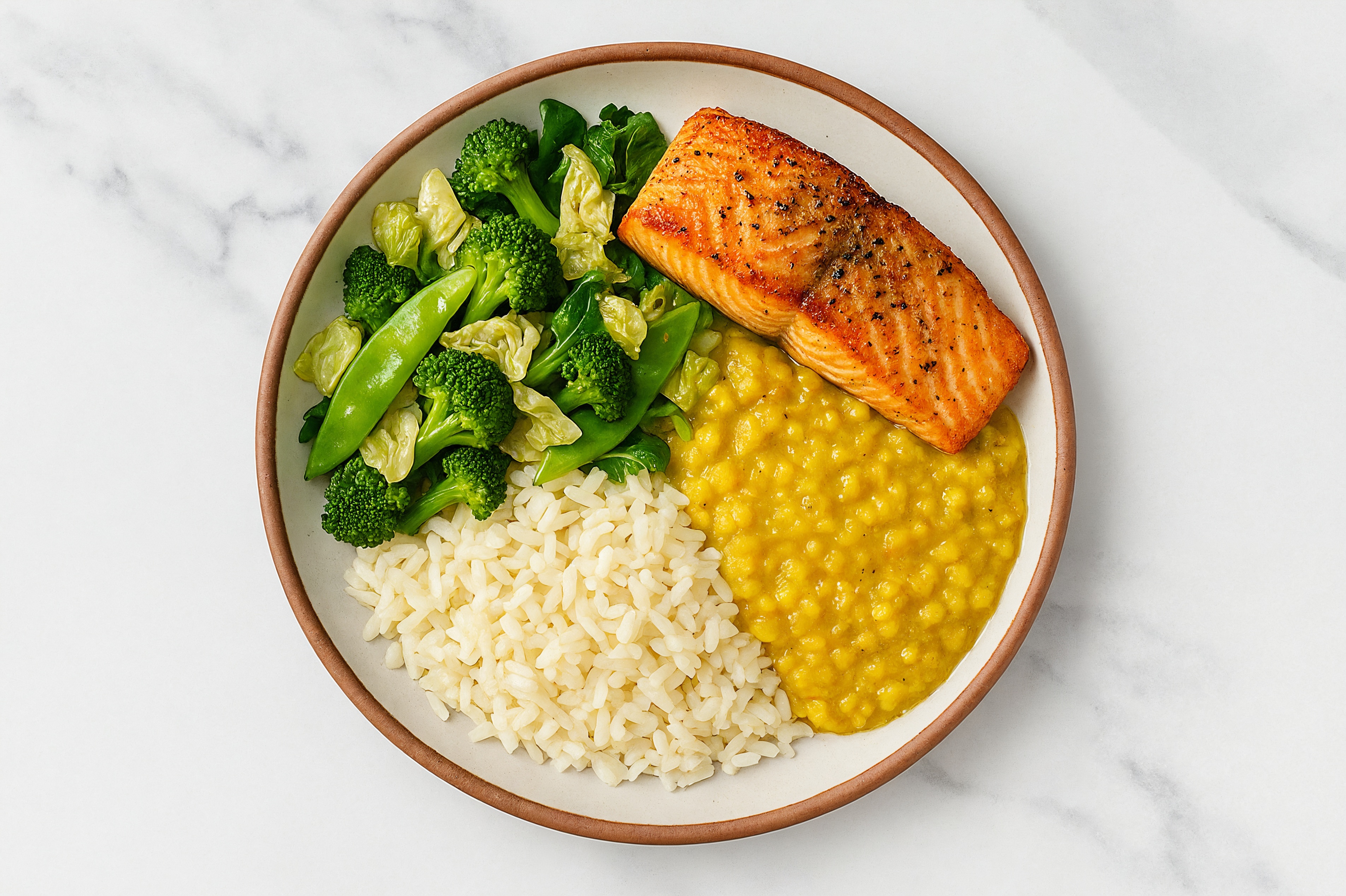 Seared Salmon + Bok Choy Red Lentil Bowl with Long Grain White Rice