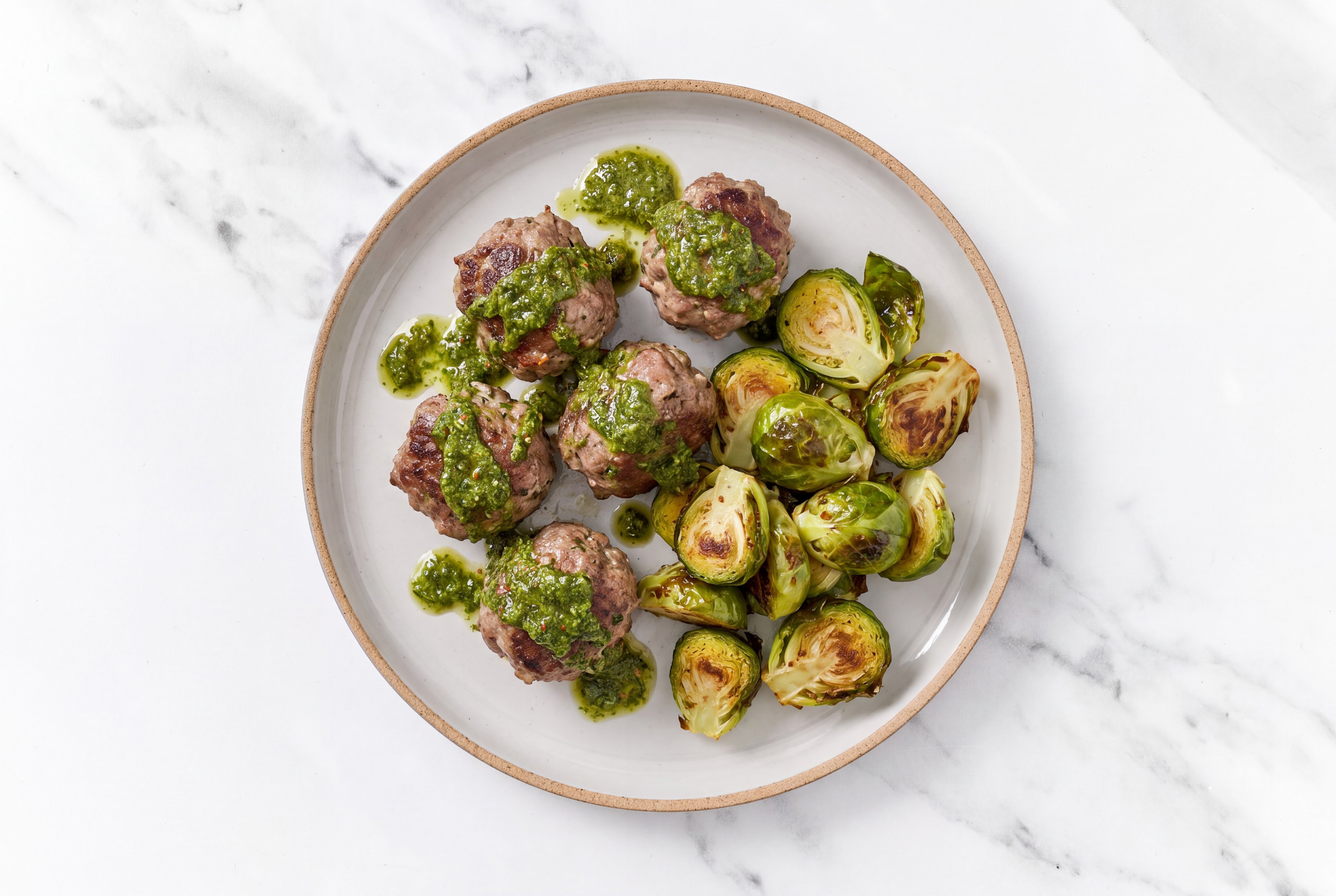Chimichurri Baked Lamb Meatballs & Brussels Sprouts