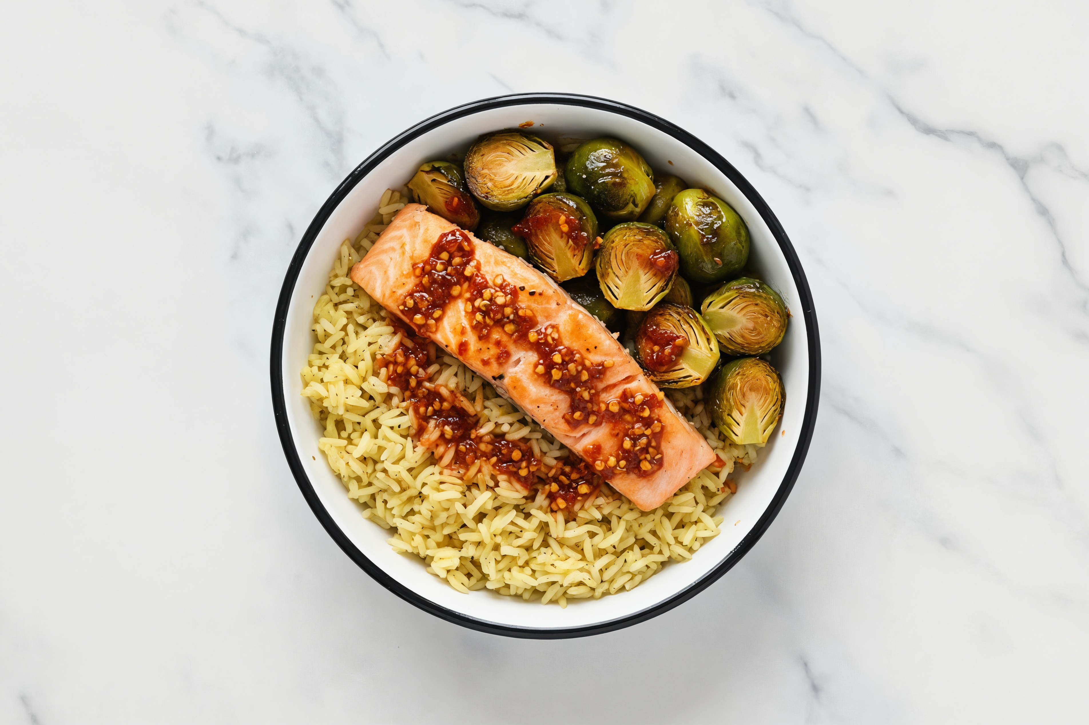  Air Fryer Chili Crisp Salmon + Brussels with Seasoned Jasmine Rice