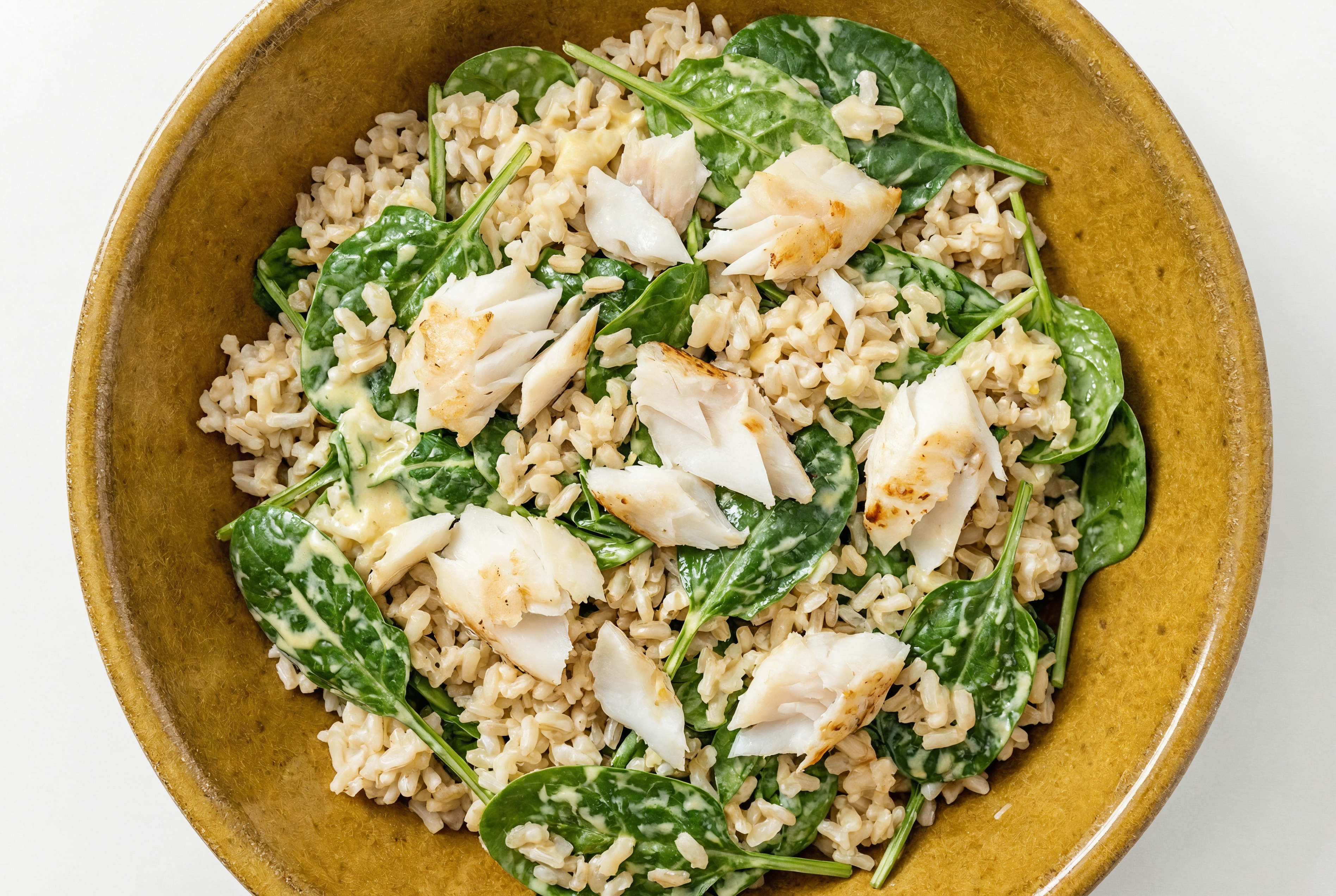 Horseradish Halibut Steak Grain Salad with Baby Spinach
