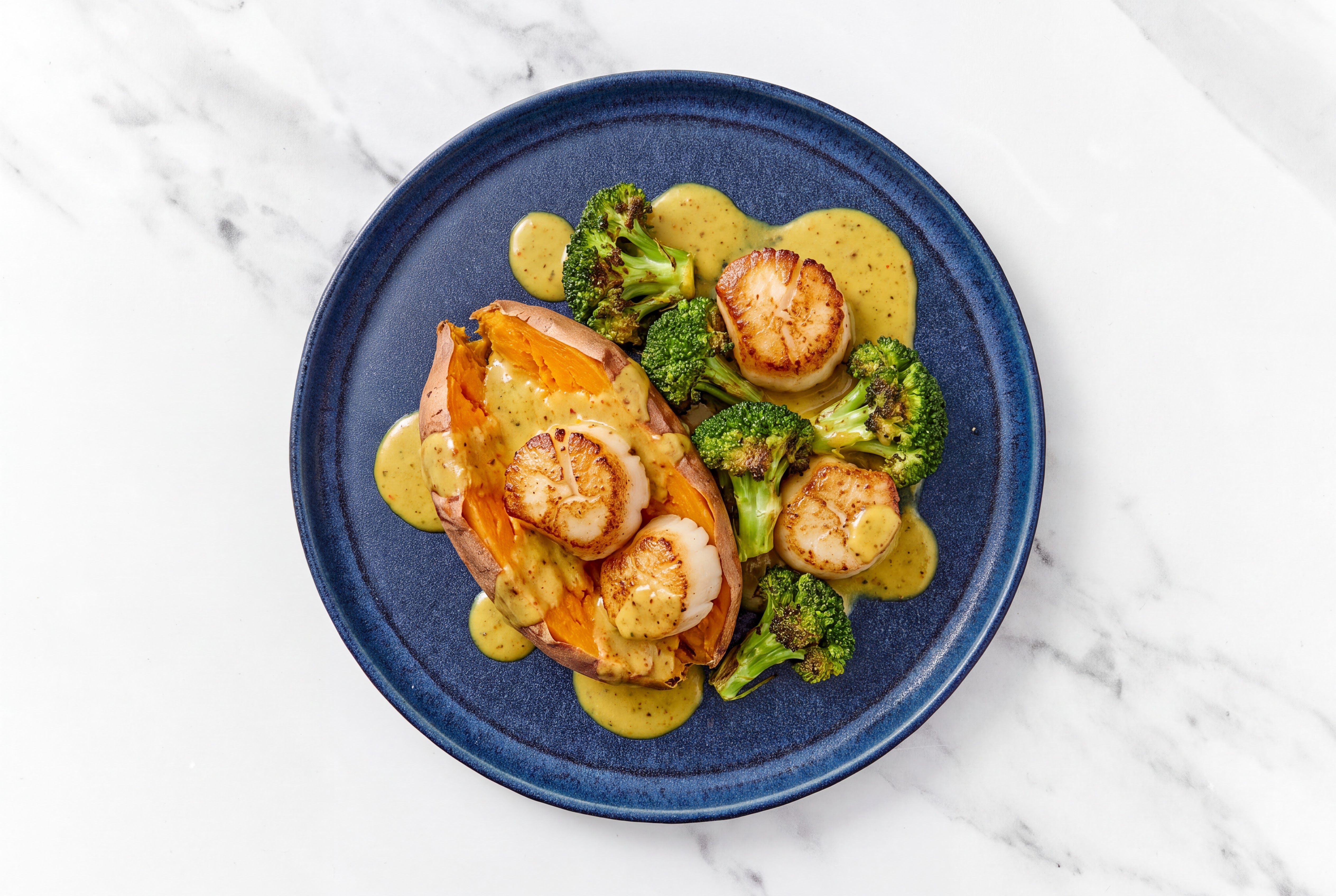 Curry Jumbo Scallops with Sweet Potato & Broccoli