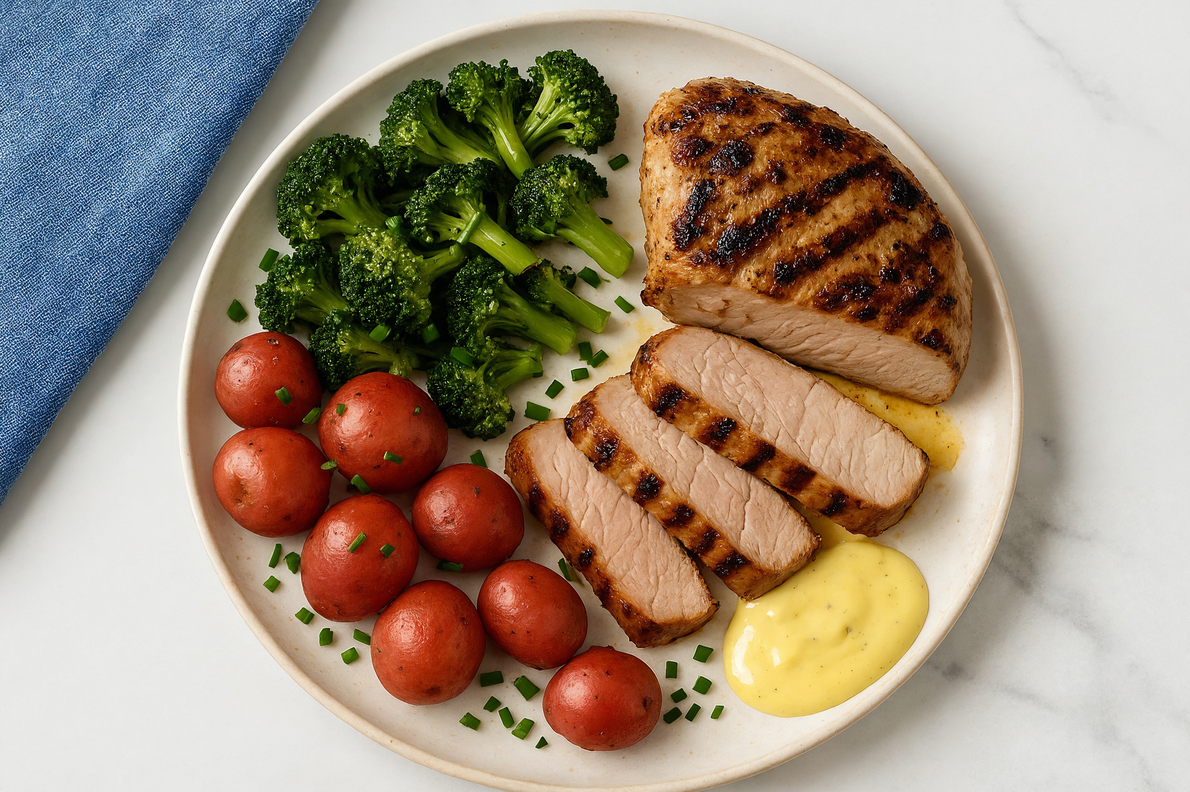 Grilled Pork Tenderloin + Red Potatoes, Chives, Honey Mustard Sauce + Broccoli