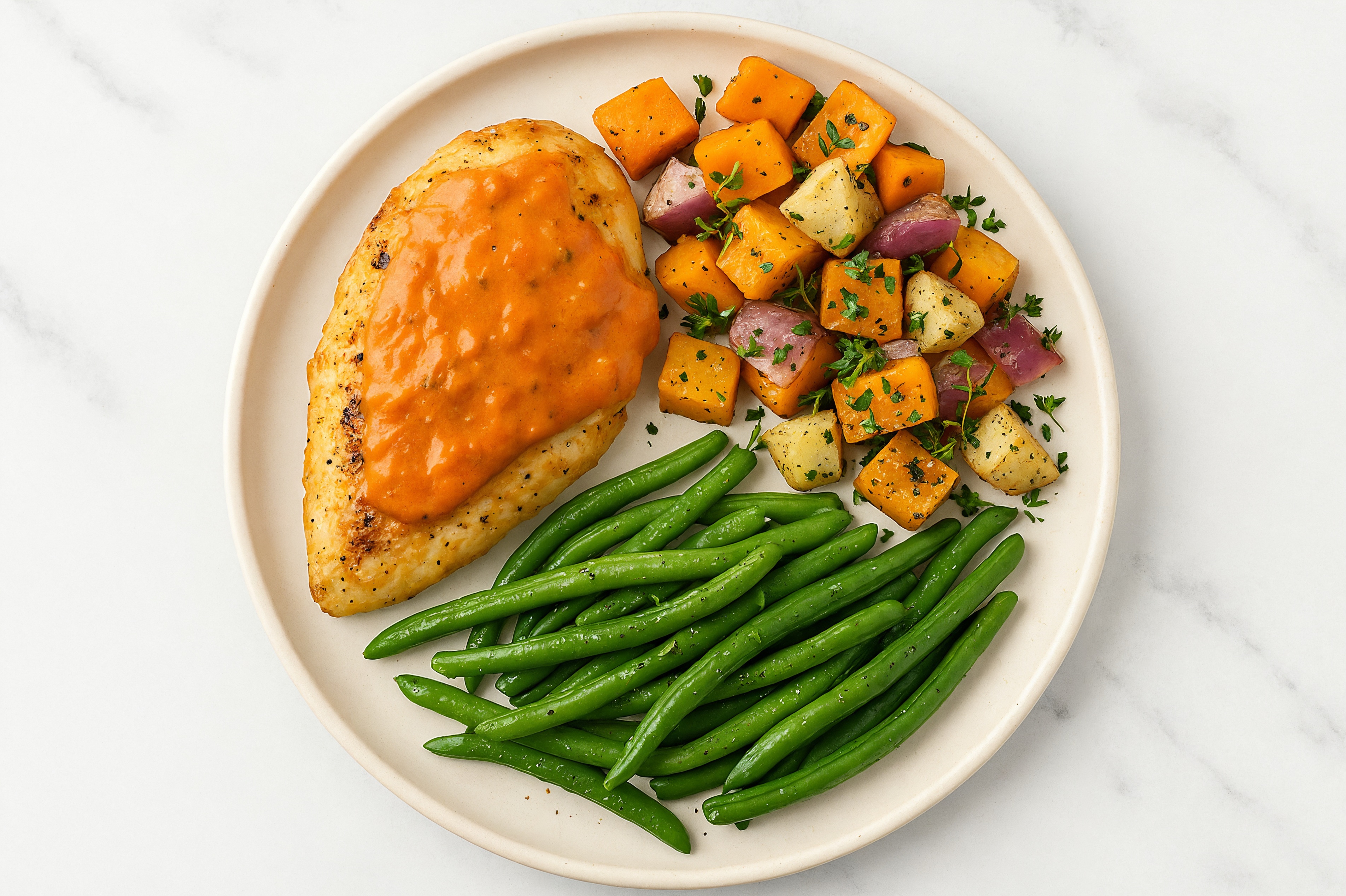 Creamy Vodka Smothered Chicken Breasts with Green Beans & Roasted Vegetables