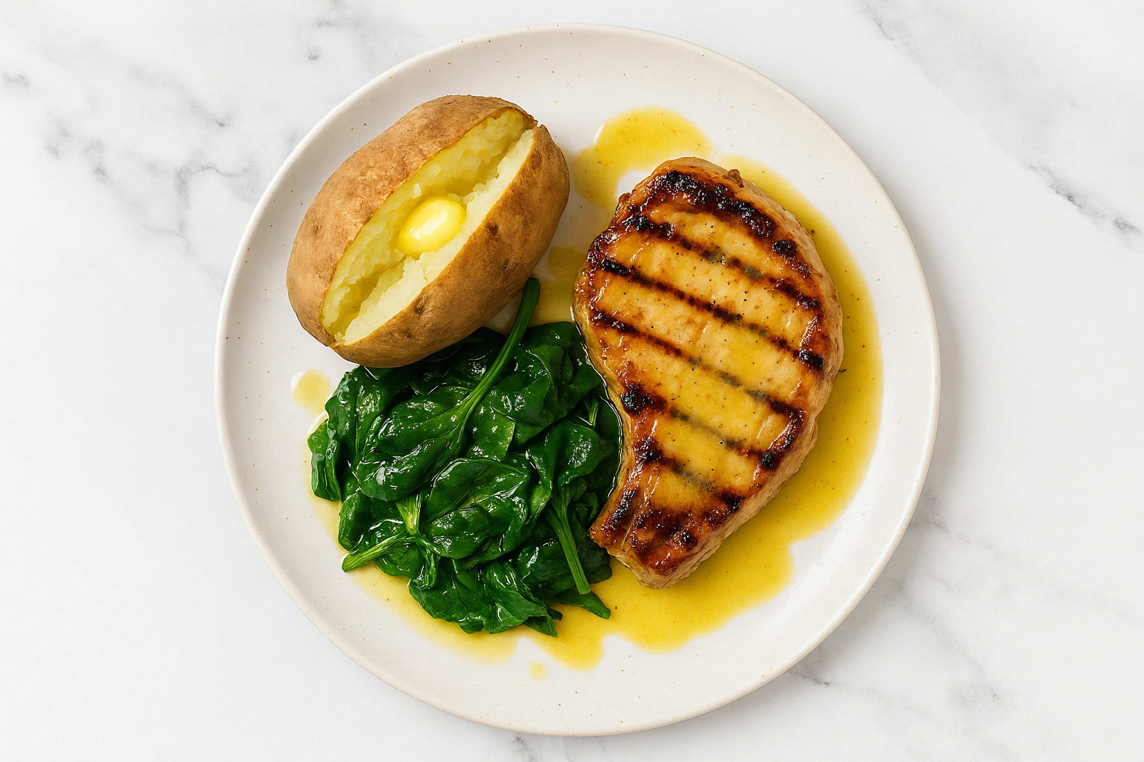 Lemon-Slow Churned Pasture Butter Pork Chops with Russet Potato & Spinach