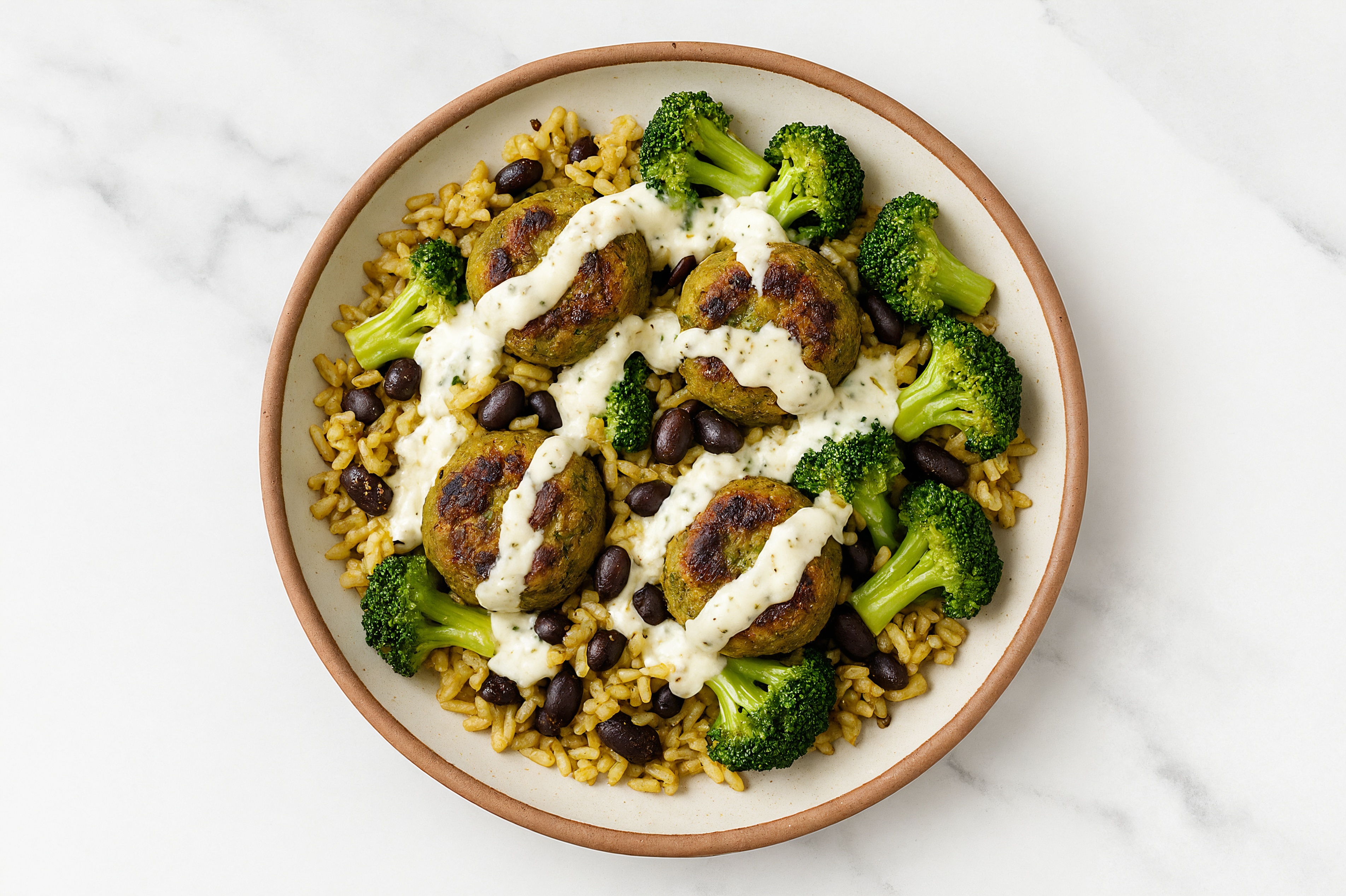 Extra Garlicky Falafel Rice with Beans Bowl with Broccoli Florets