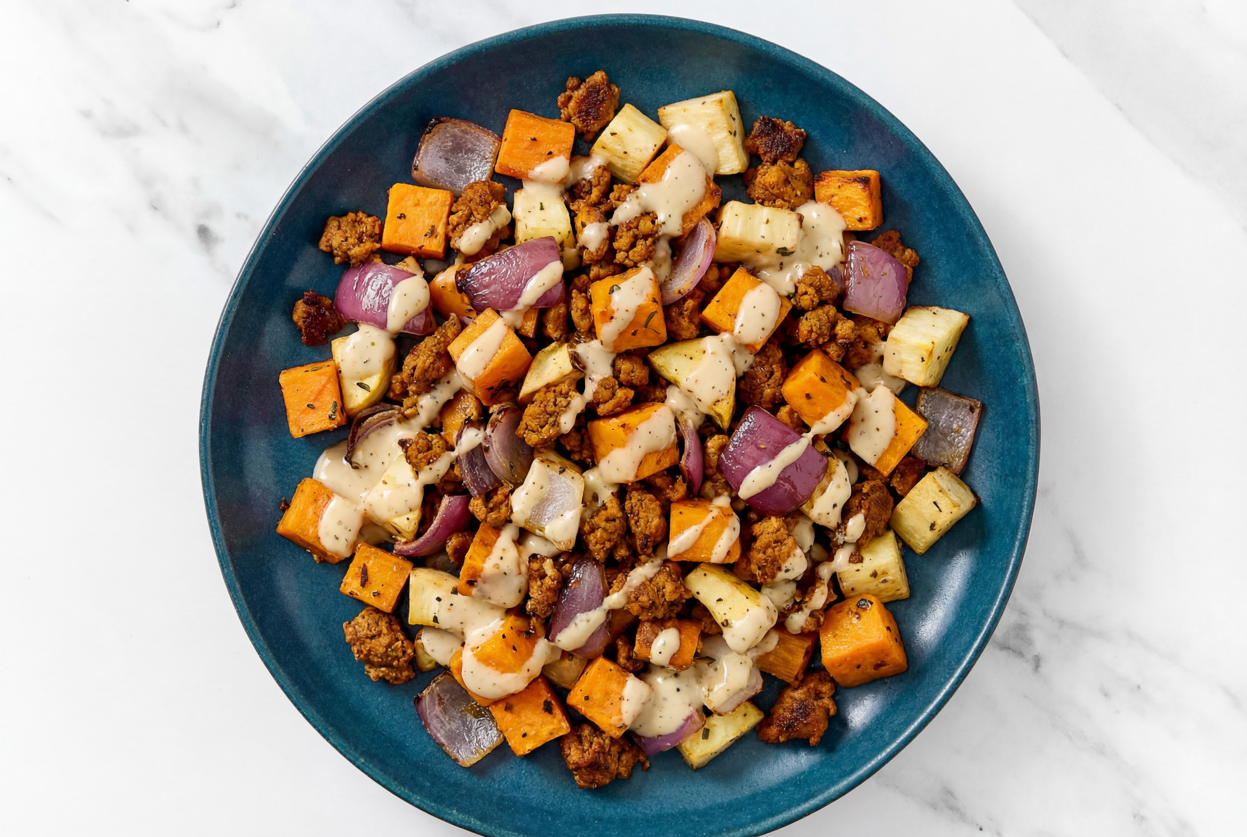 Harvest Roasted Veggies with Plant-Based Chorizo & Vegan Caesar