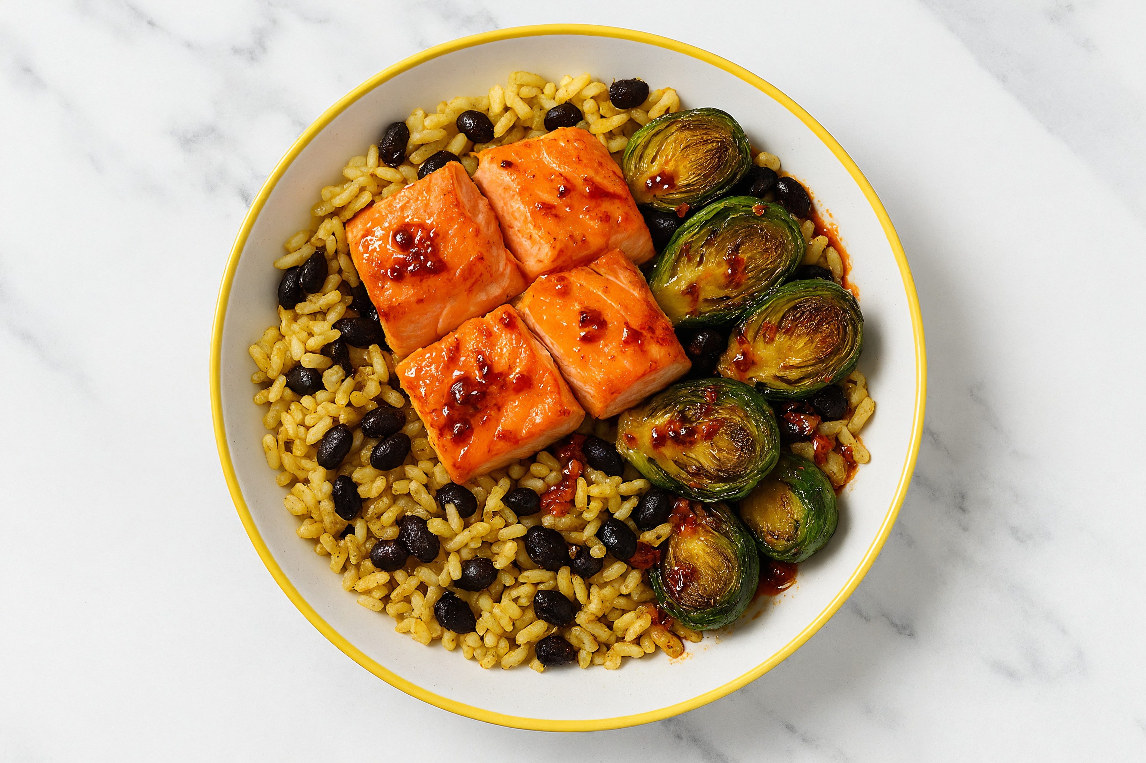 Air Fryer Chili Crisp Salmon + Brussels with Seasoned White Rice + Black Beans
