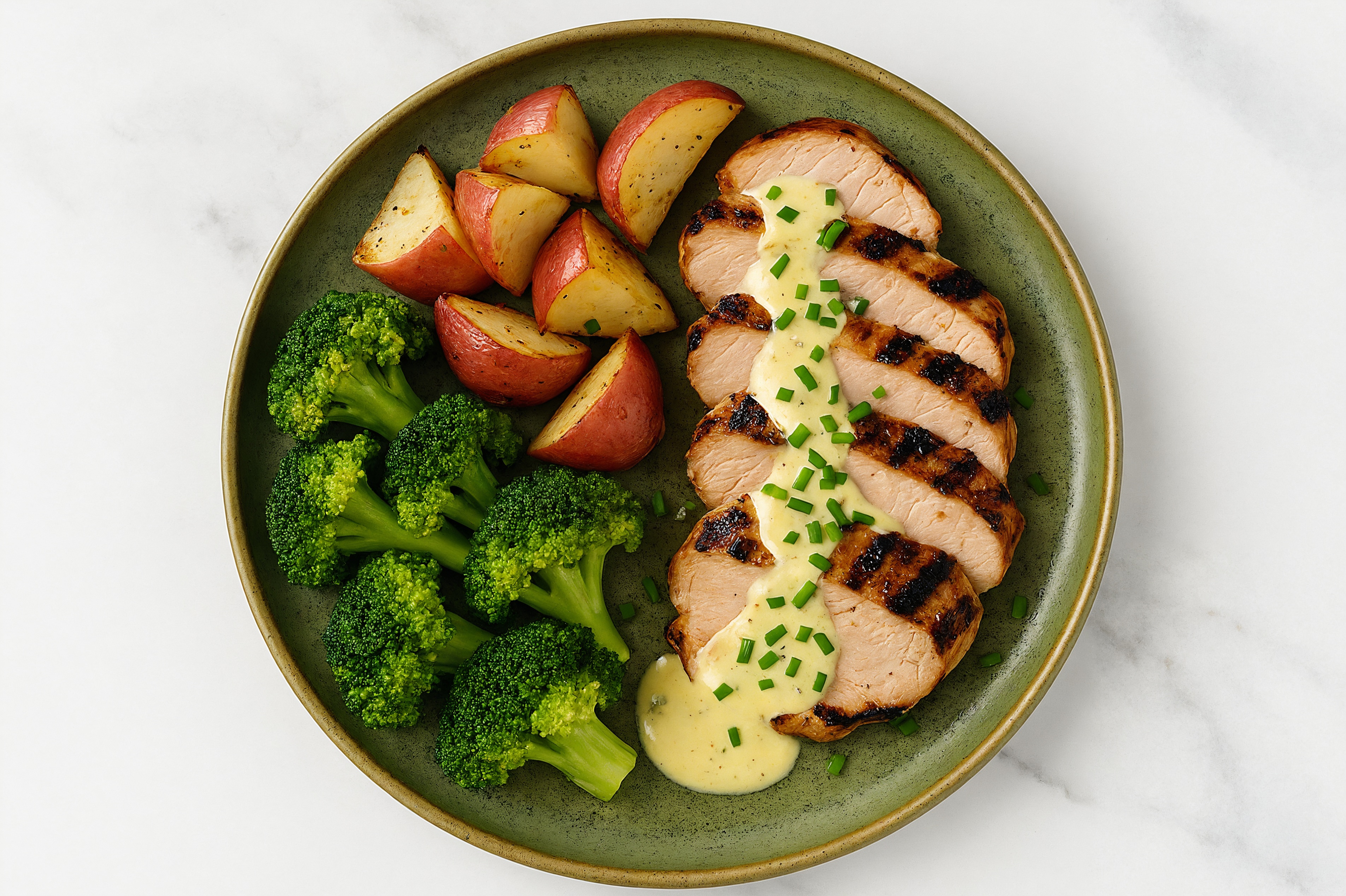 Grilled Pork Tenderloin + Red Potatoes, Chives, Honey Mustard Sauce + Organic Broccoli