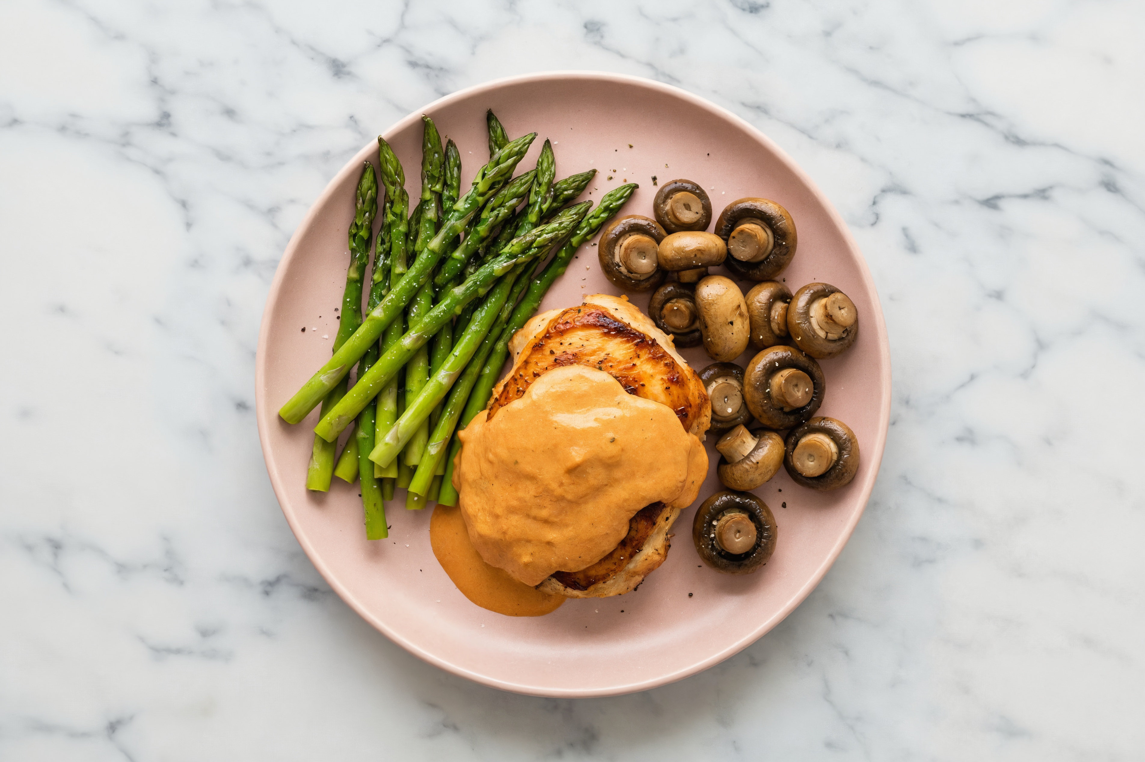 Creamy Vodka Smothered Chicken Thighs with Asparagus & Roasted Mushrooms