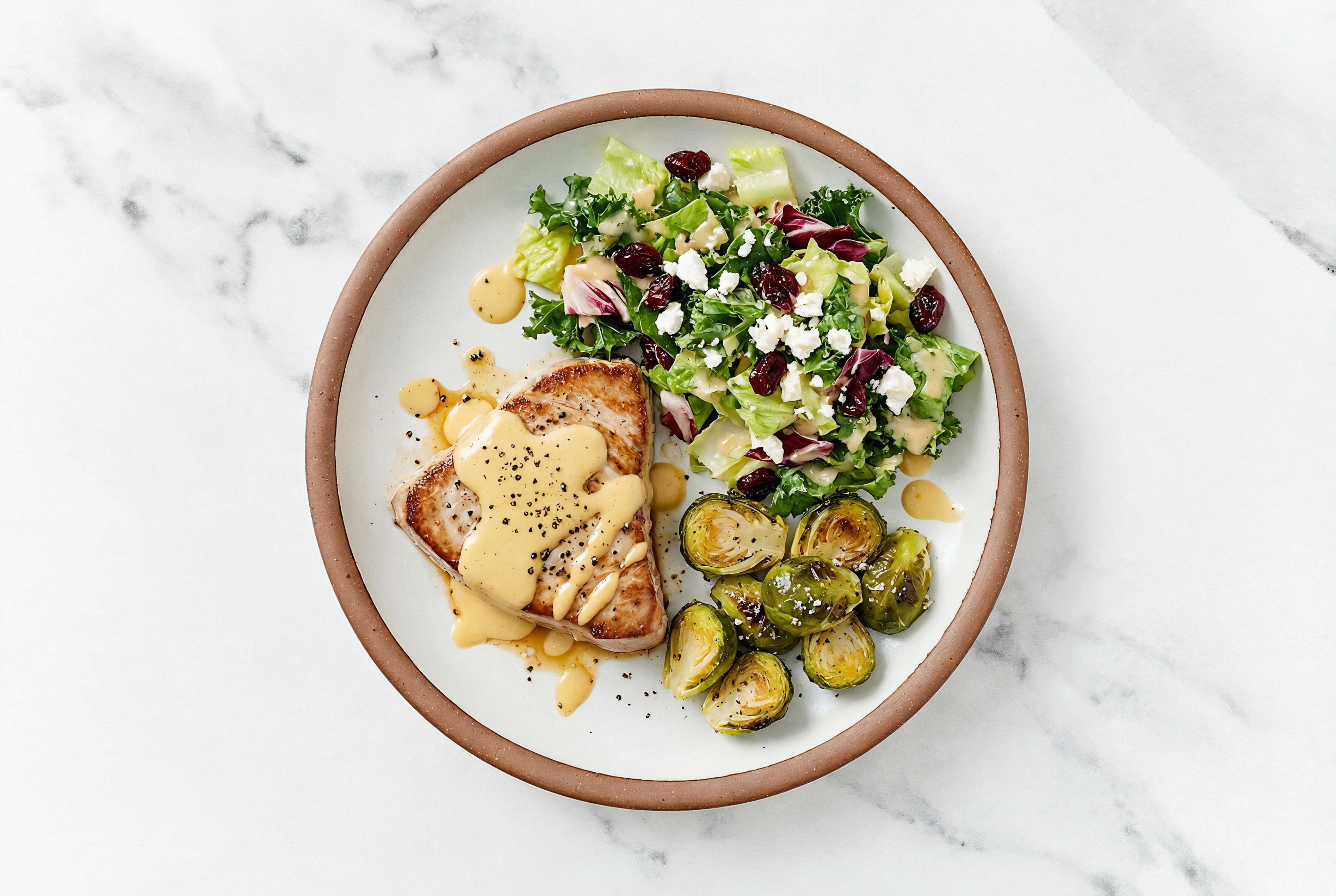 Tahini Sheet Pan Tuna & Brussels Sprouts with Honey Citrus Salad